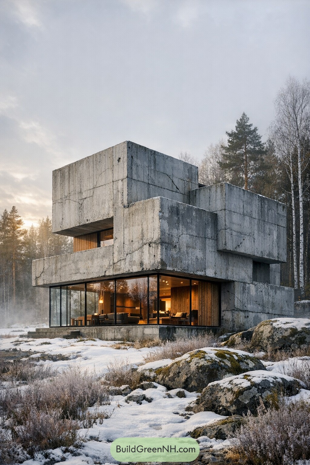Stacked concrete villa in a snowy forest