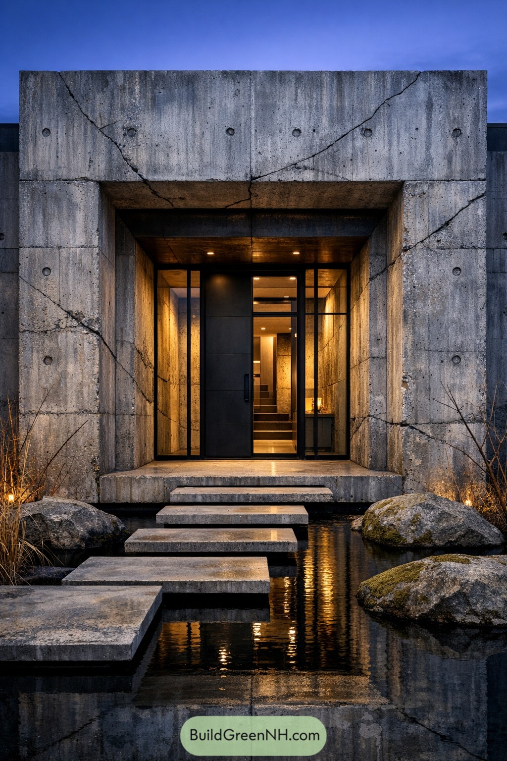 Weathered concrete villa entrance over a reflecting pool