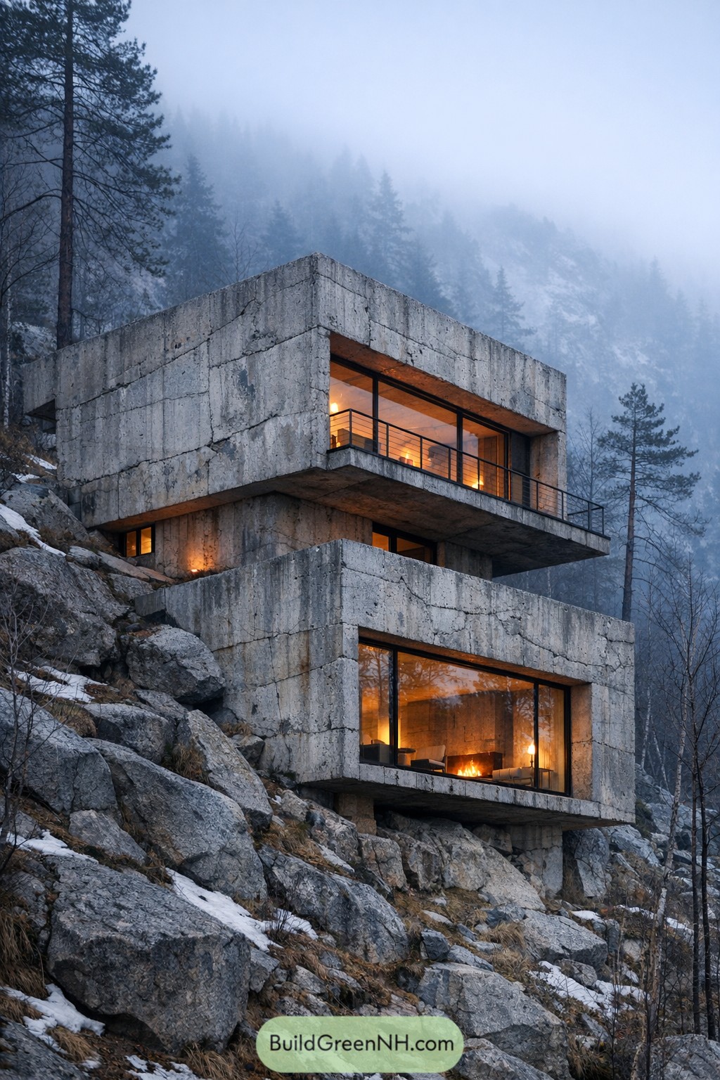 Cantilevered concrete villa on a snowy rocky slope