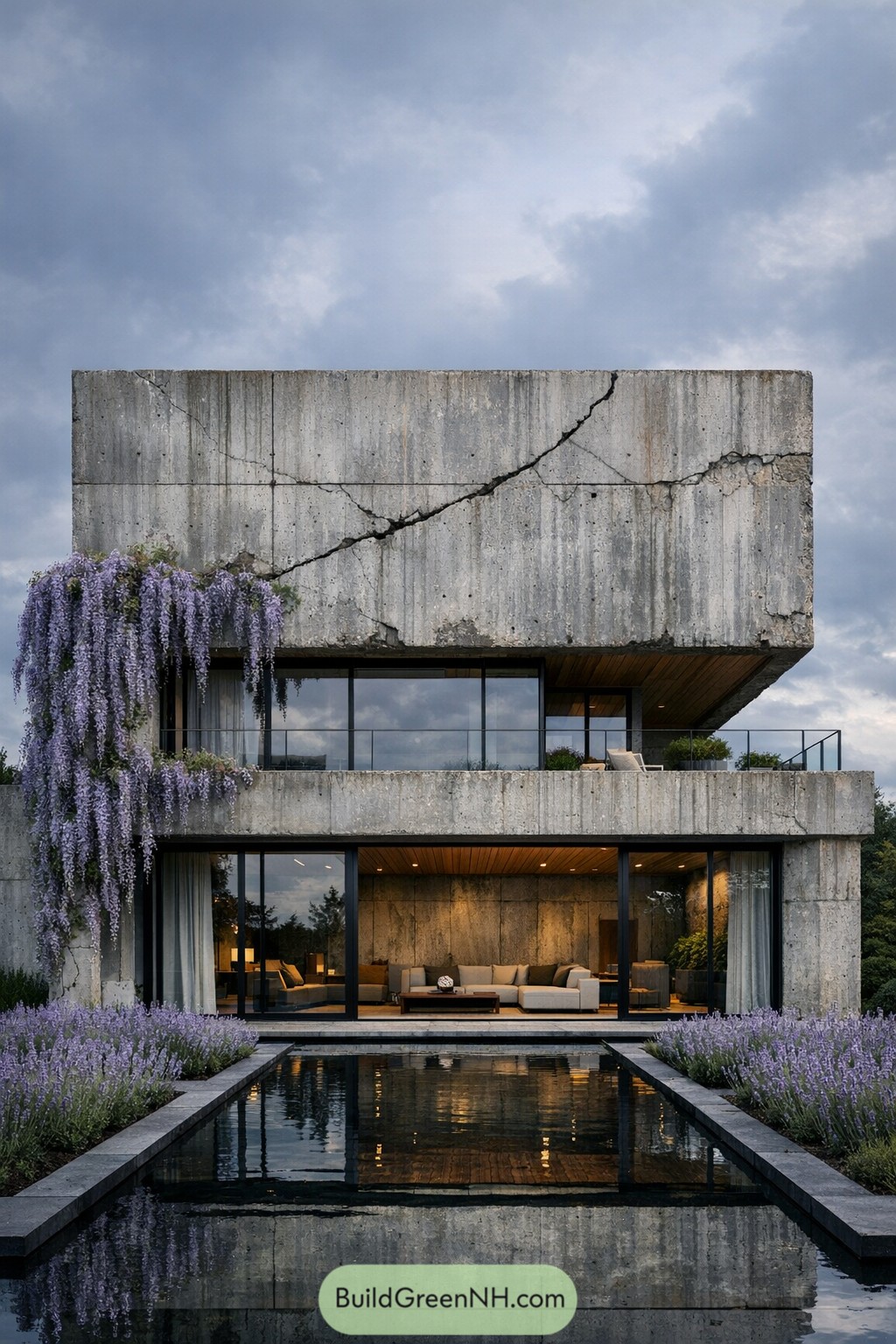 Concrete villa with wisteria and a reflecting pool