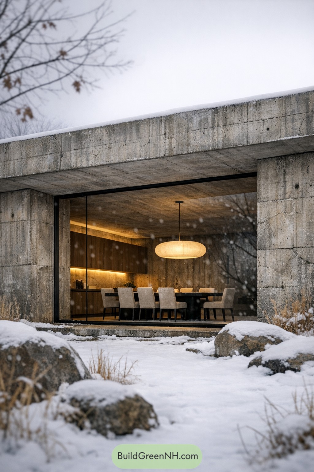 Snowy concrete villa with warm dining room