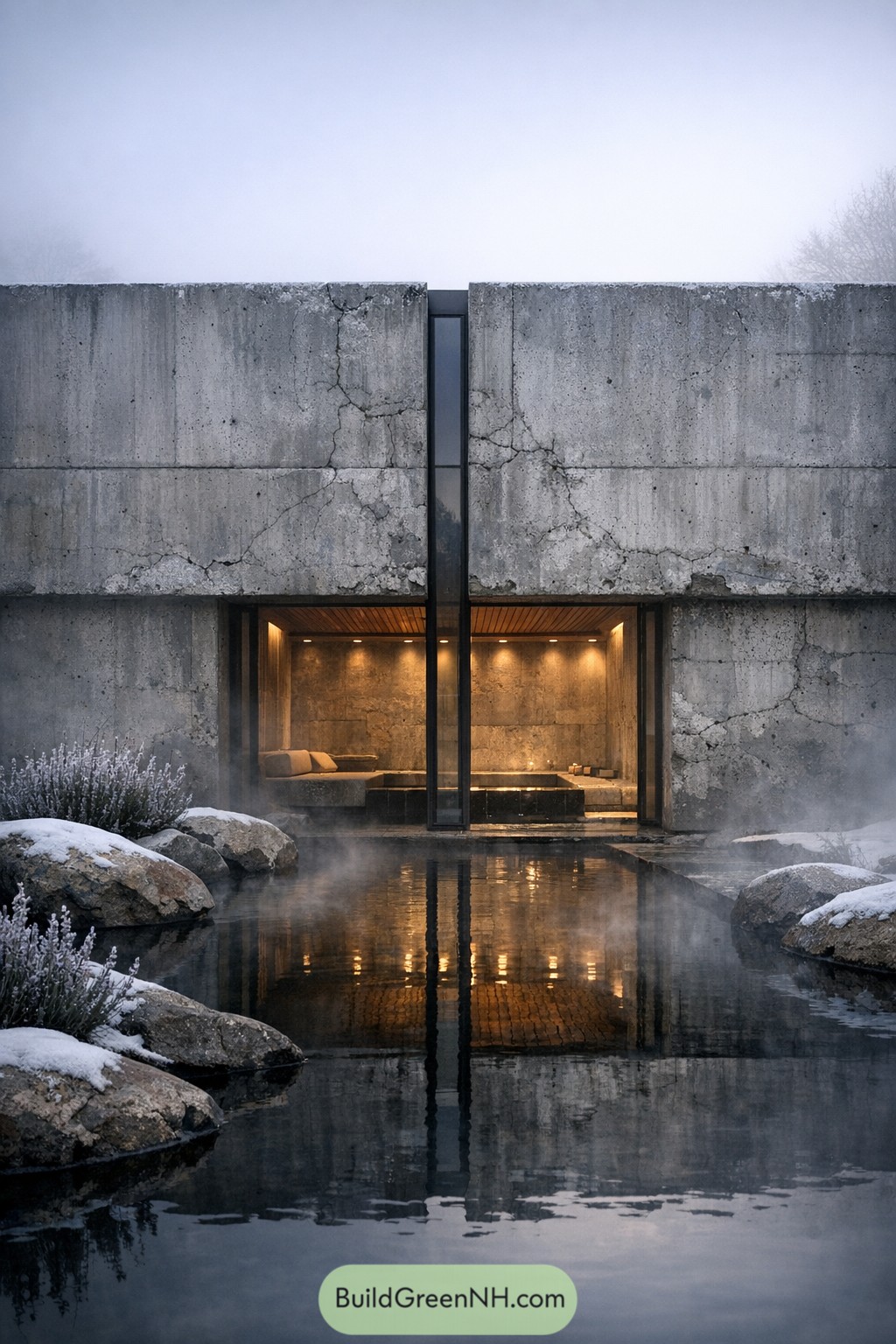 Brutalist concrete villa beside a steaming winter pool
