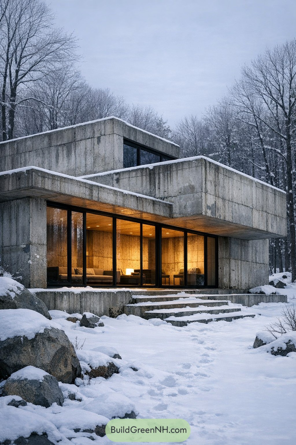 Brutalist concrete villa with glass walls in snowy woods