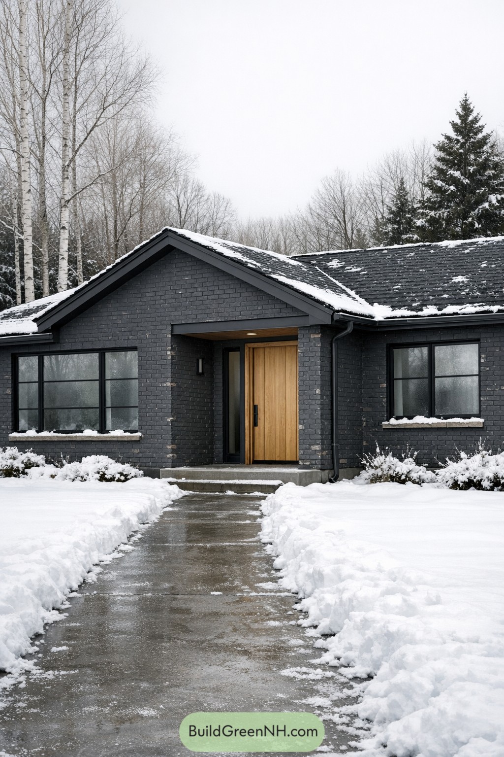 Charcoal painted brick ranch with wood door in snow