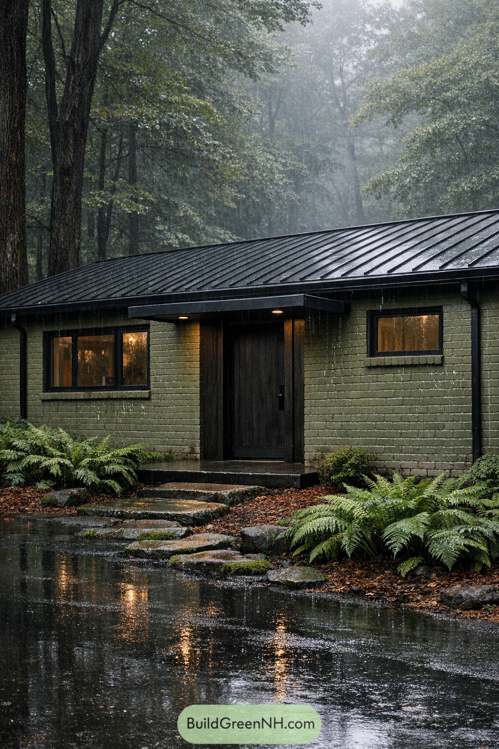 Green painted brick ranch with black roof in rainy woods