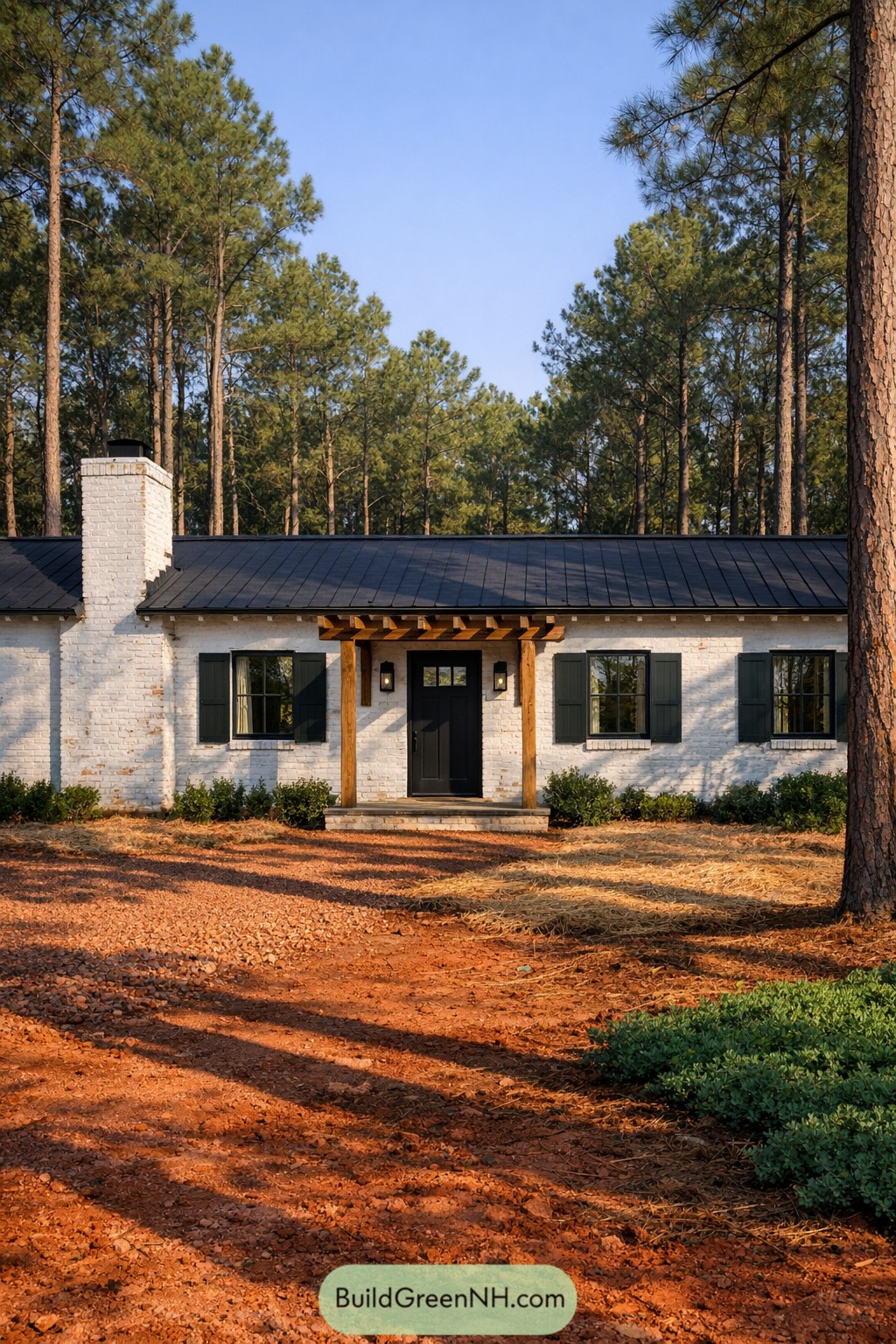 White painted brick ranch with black roof