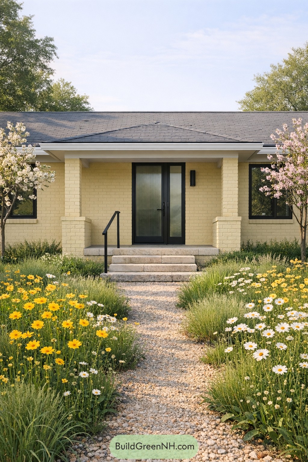 Pale yellow brick ranch with wildflower path