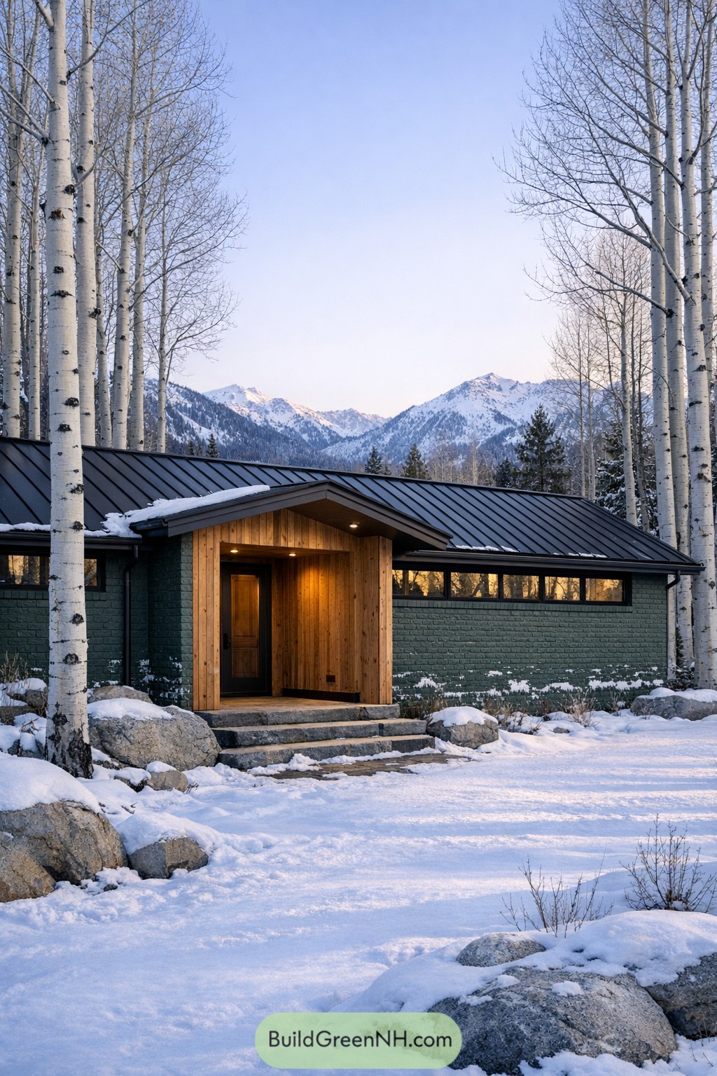 Sage painted brick ranch with cedar entry in snowy aspens