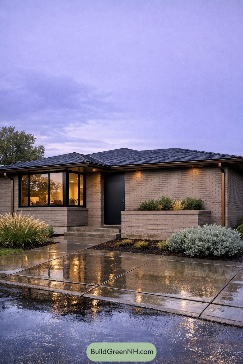 Taupe painted brick ranch with black trim and raised planter