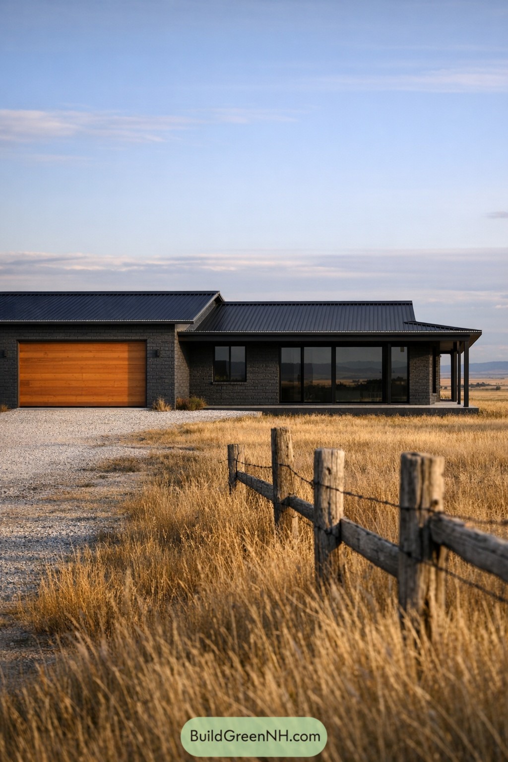 Black painted brick ranch with cedar garage door