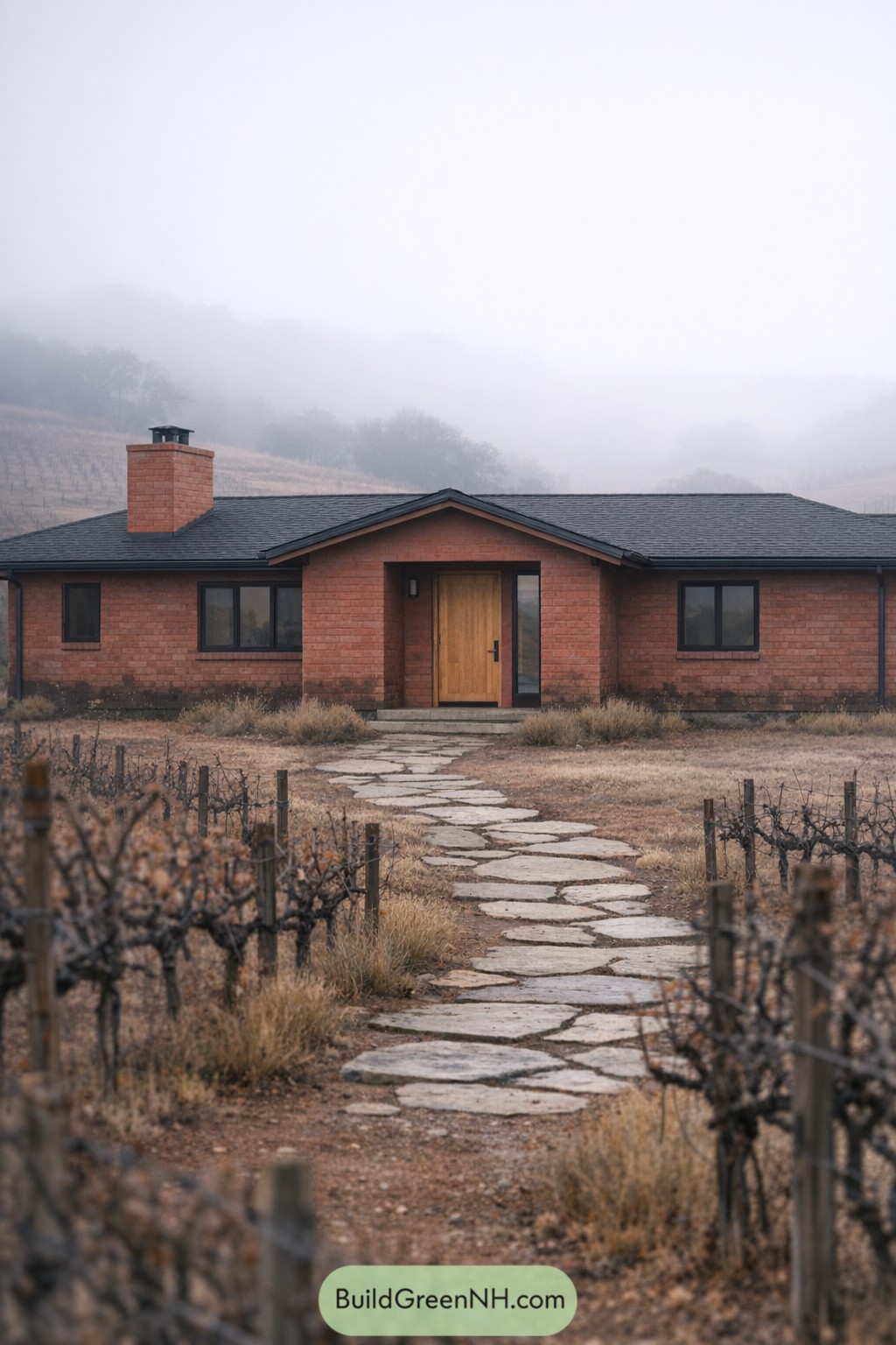 Terracotta brick ranch house in a foggy vineyard