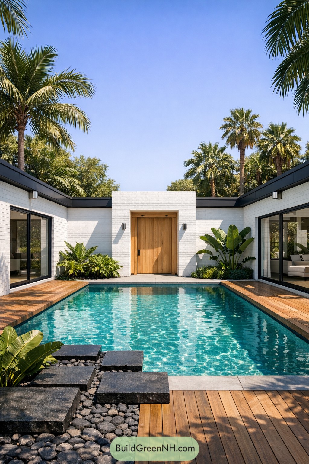 White brick ranch with pool courtyard and palms