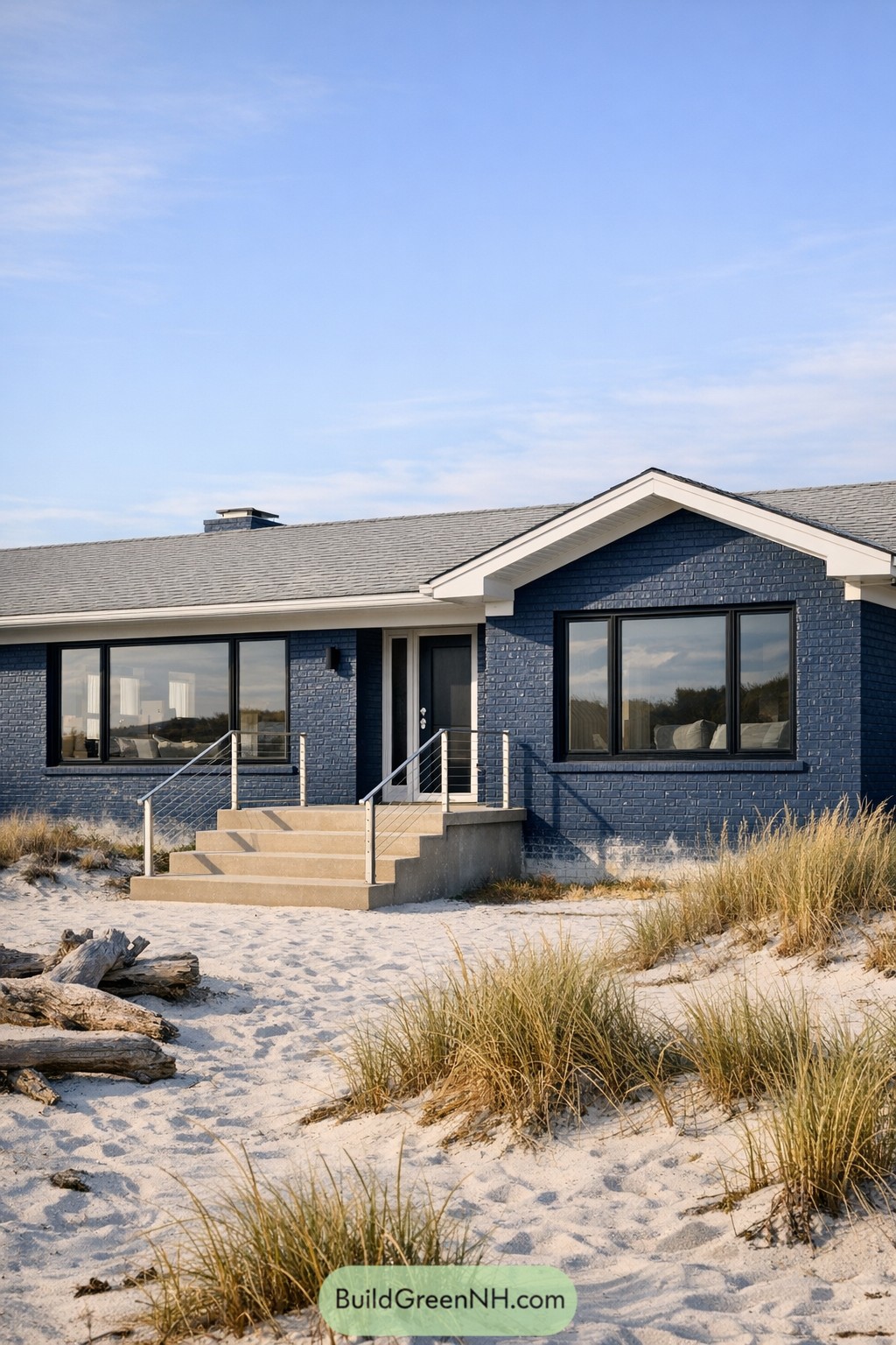 Blue painted brick ranch beside sandy dunes
