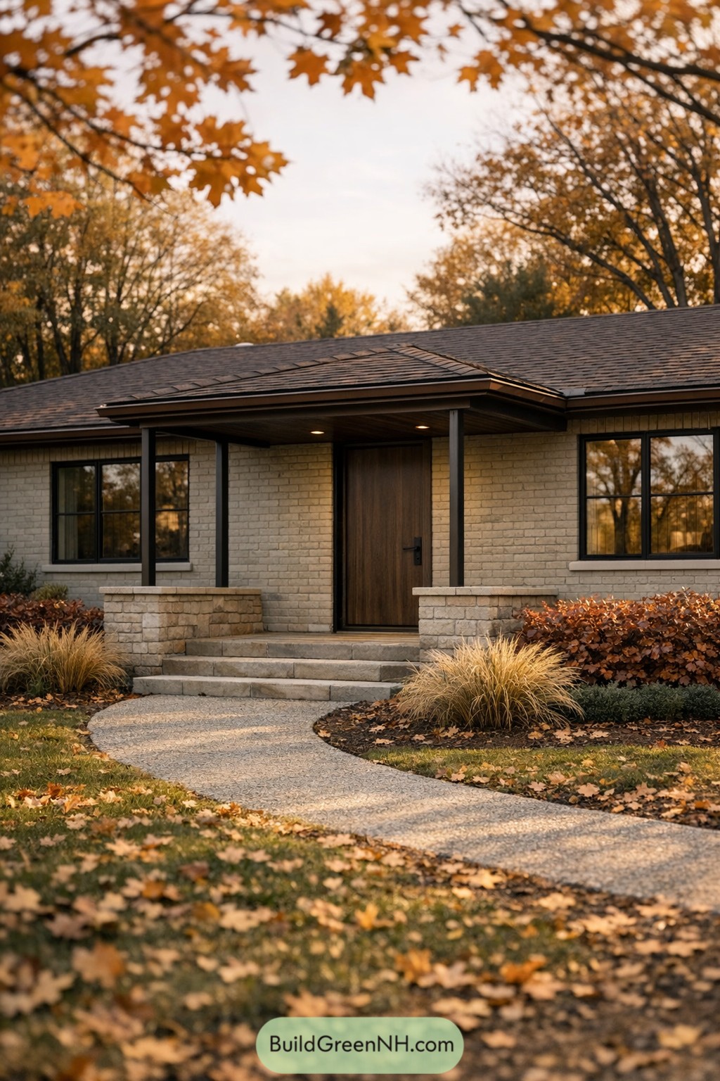 Cream painted brick ranch with black windows and covered porch