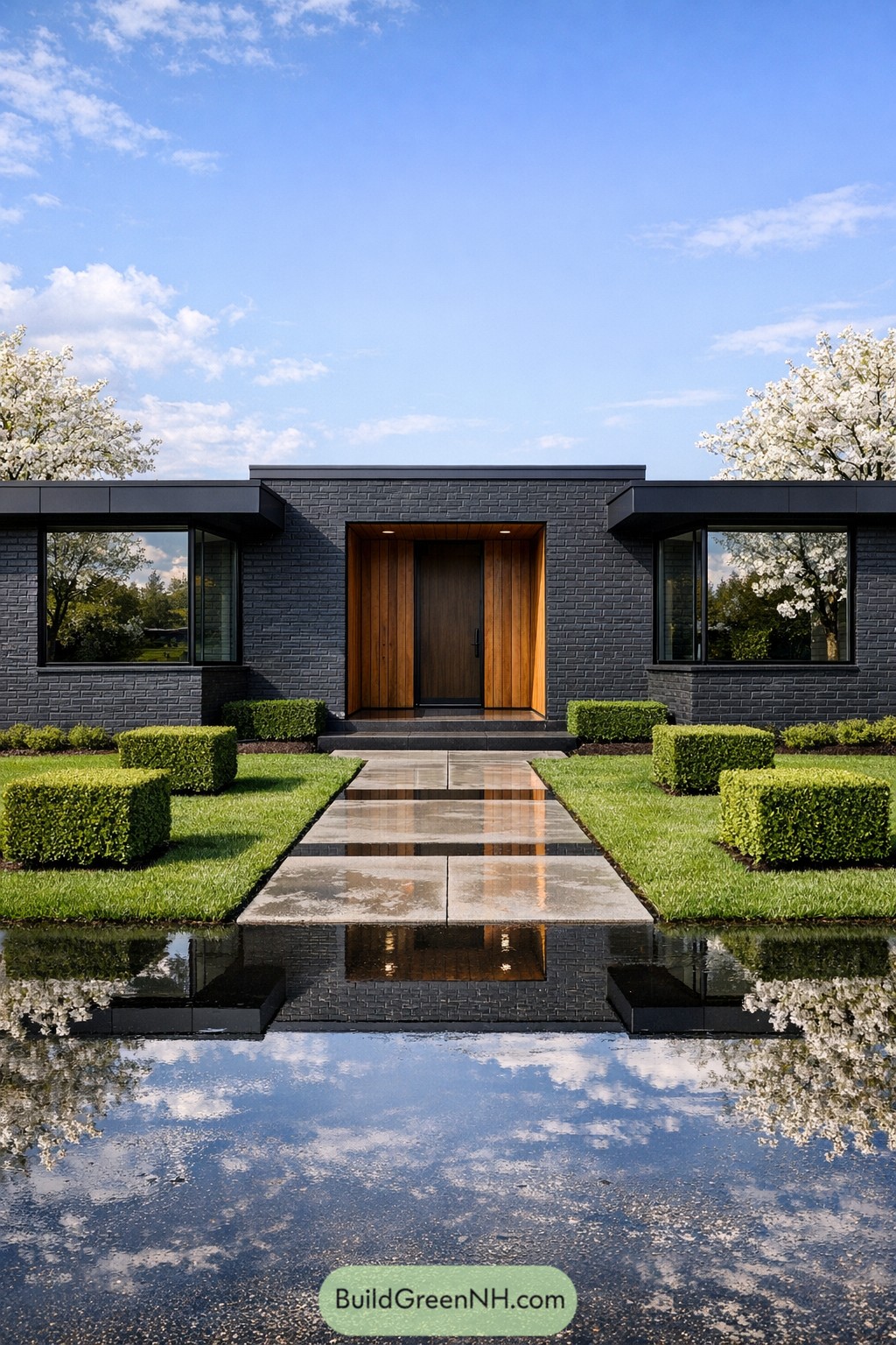 Charcoal painted brick ranch with wood entry and reflecting pool