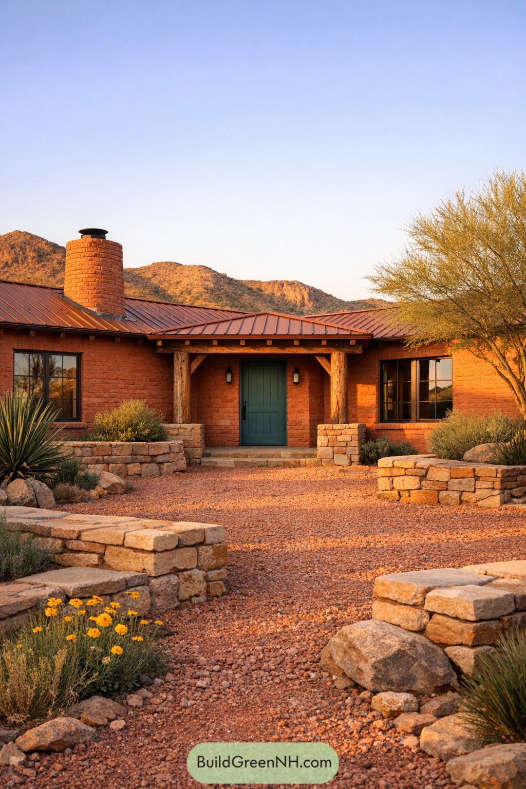 Terracotta brick ranch with teal door and desert landscaping
