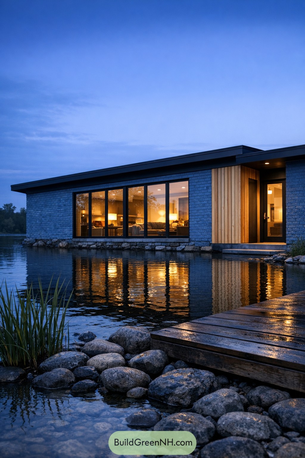 Modern painted brick ranch beside a pond