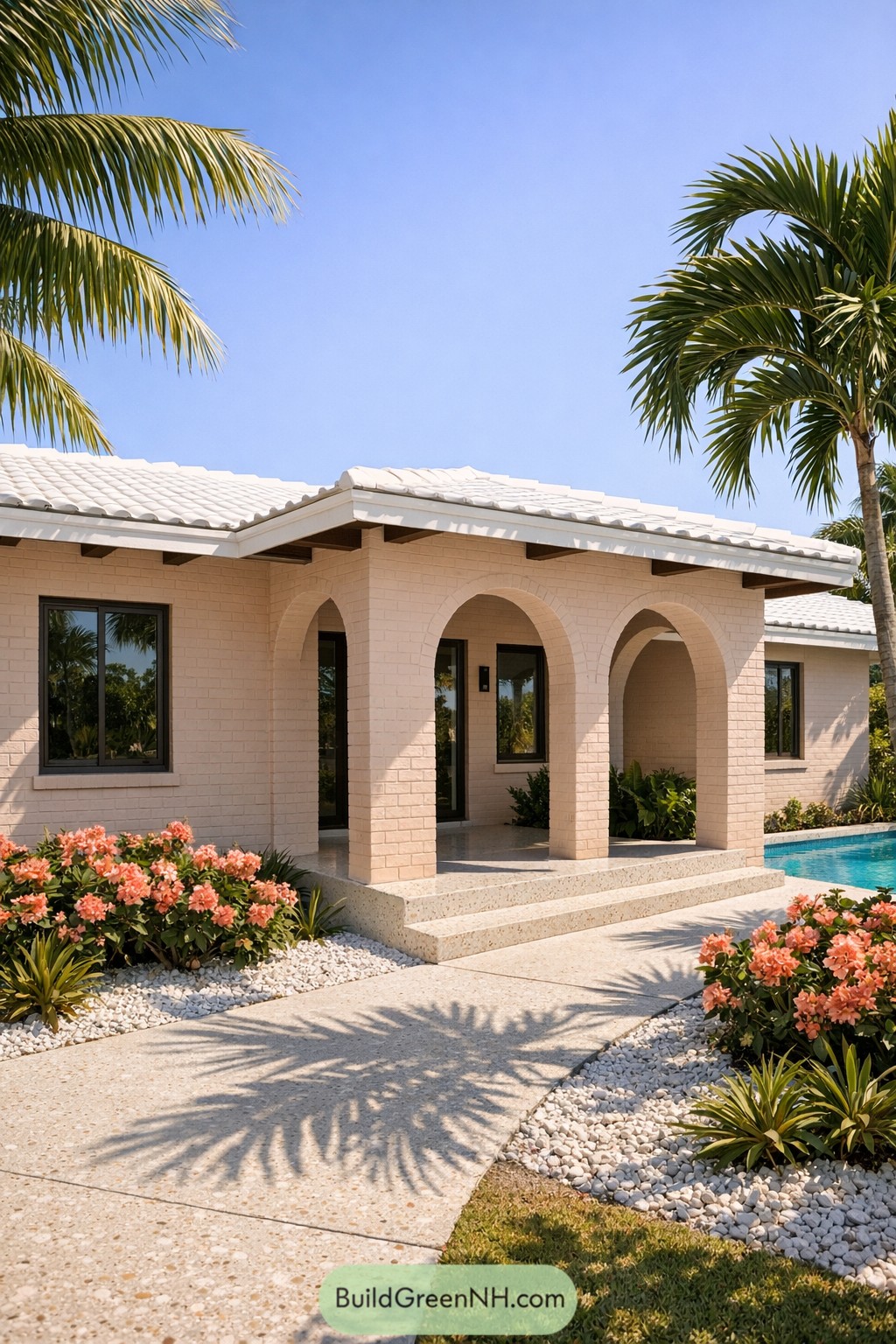 Peach painted brick ranch with arched porch