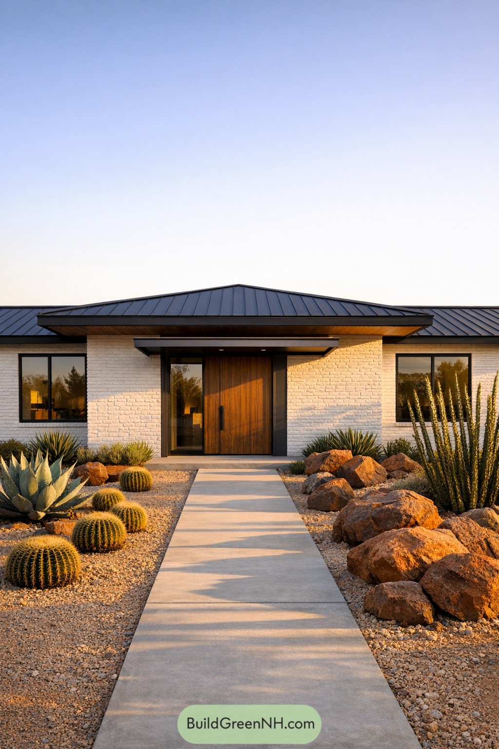 White painted brick ranch with black roof and desert landscaping