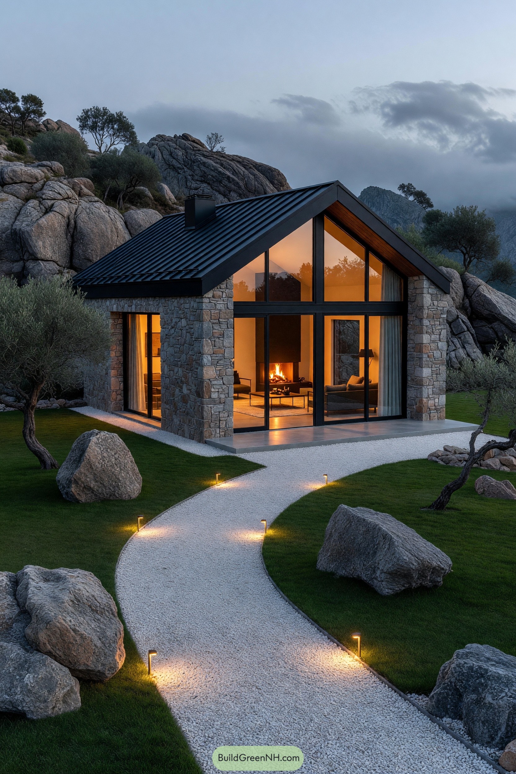 Stone cabin with glazed gable beside granite outcrops