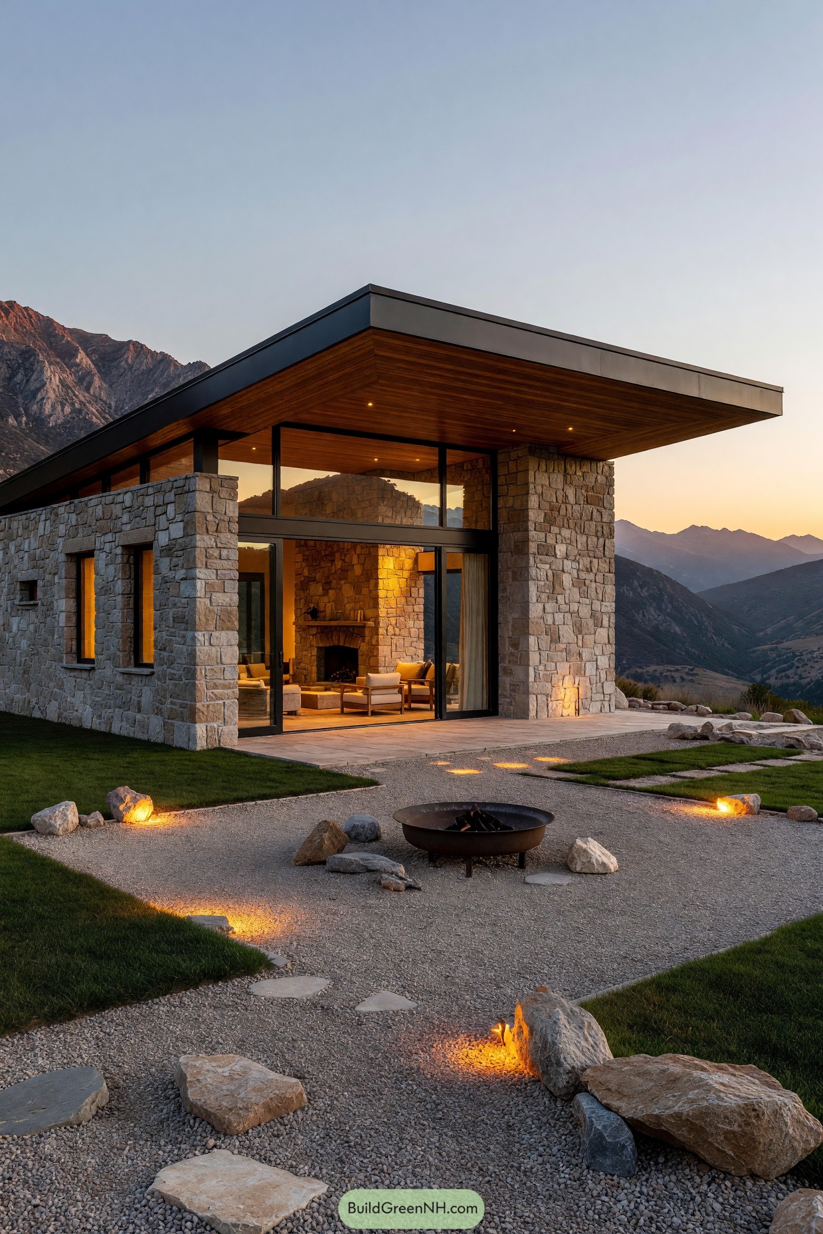 Modern stone cabin with a wide roof and mountain views