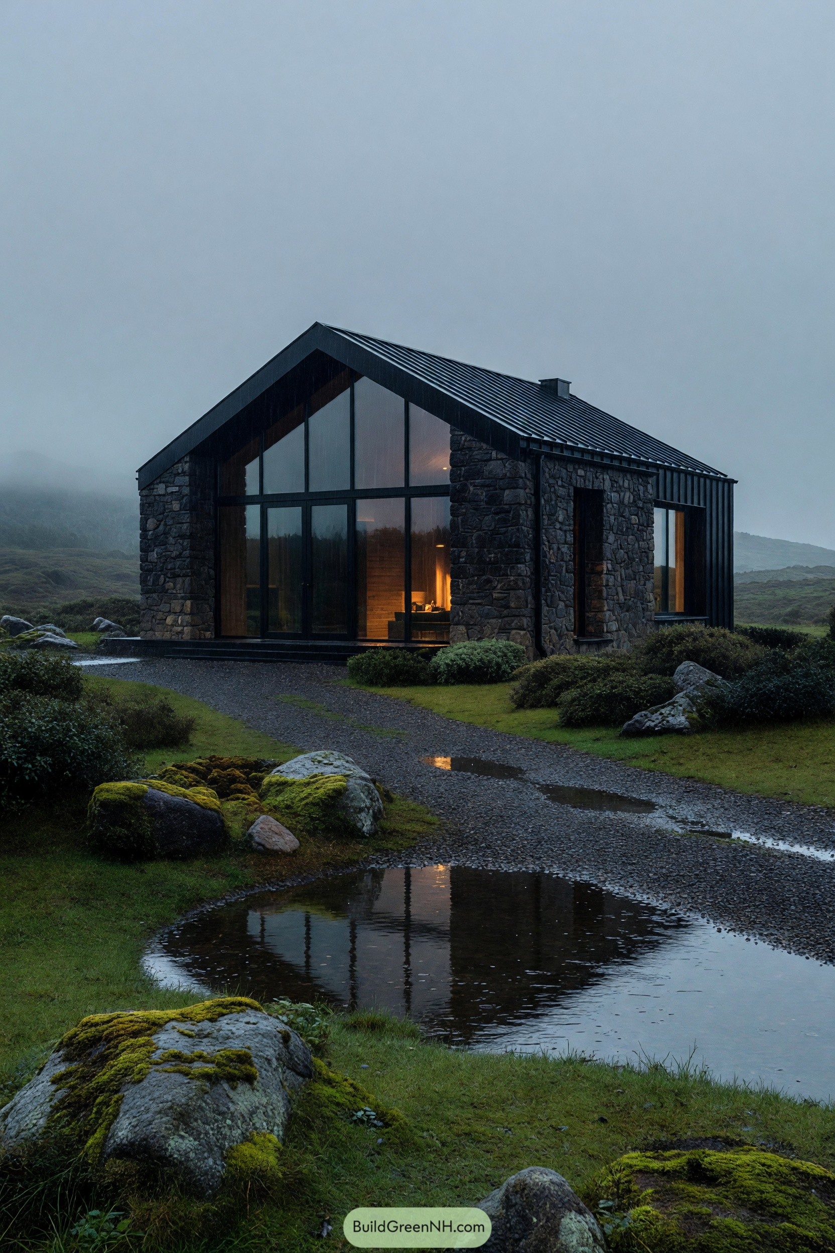 Stone cabin with a glazed gable beside a rain puddle