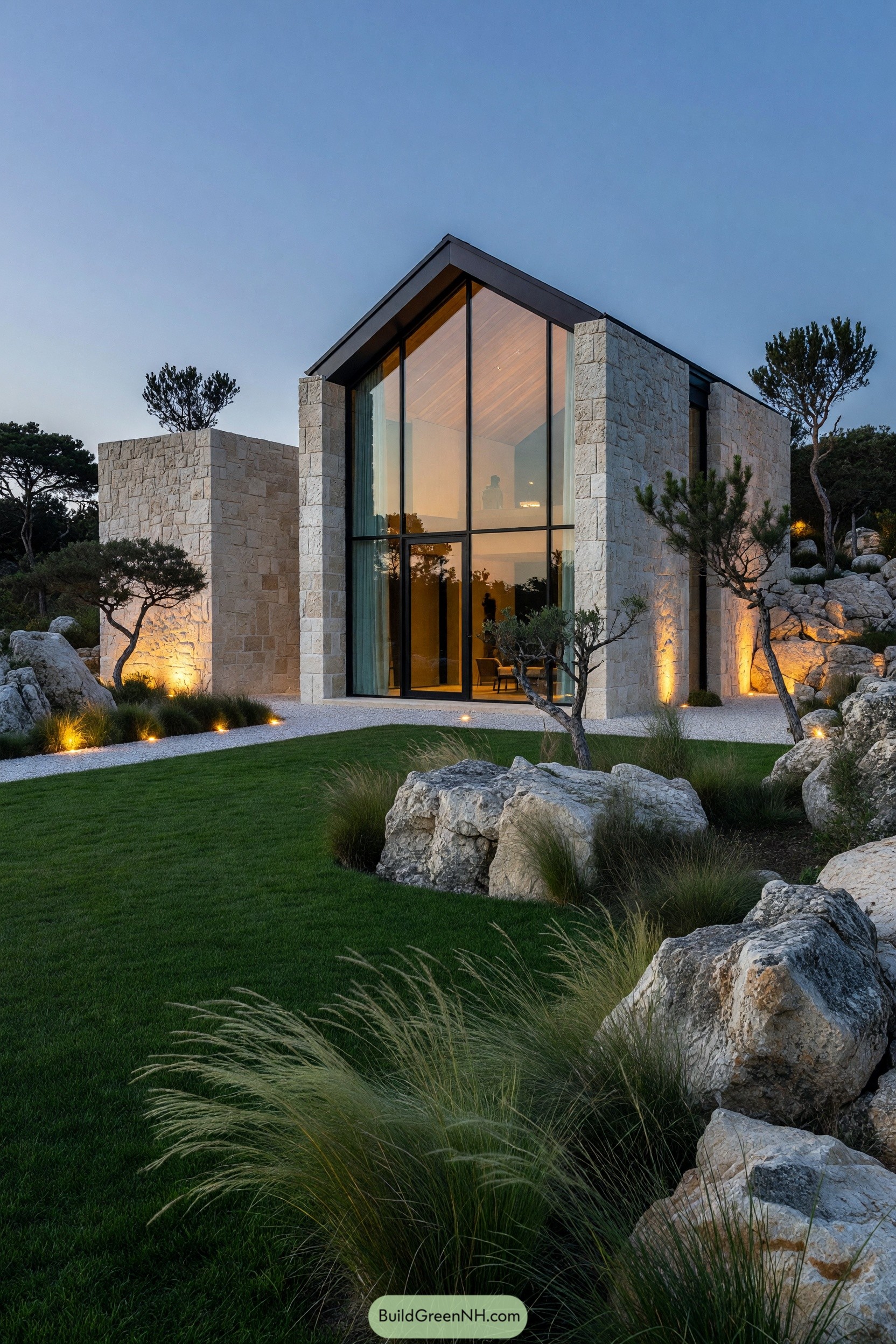 Modern stone cabin with a tall glazed gable facade at dusk