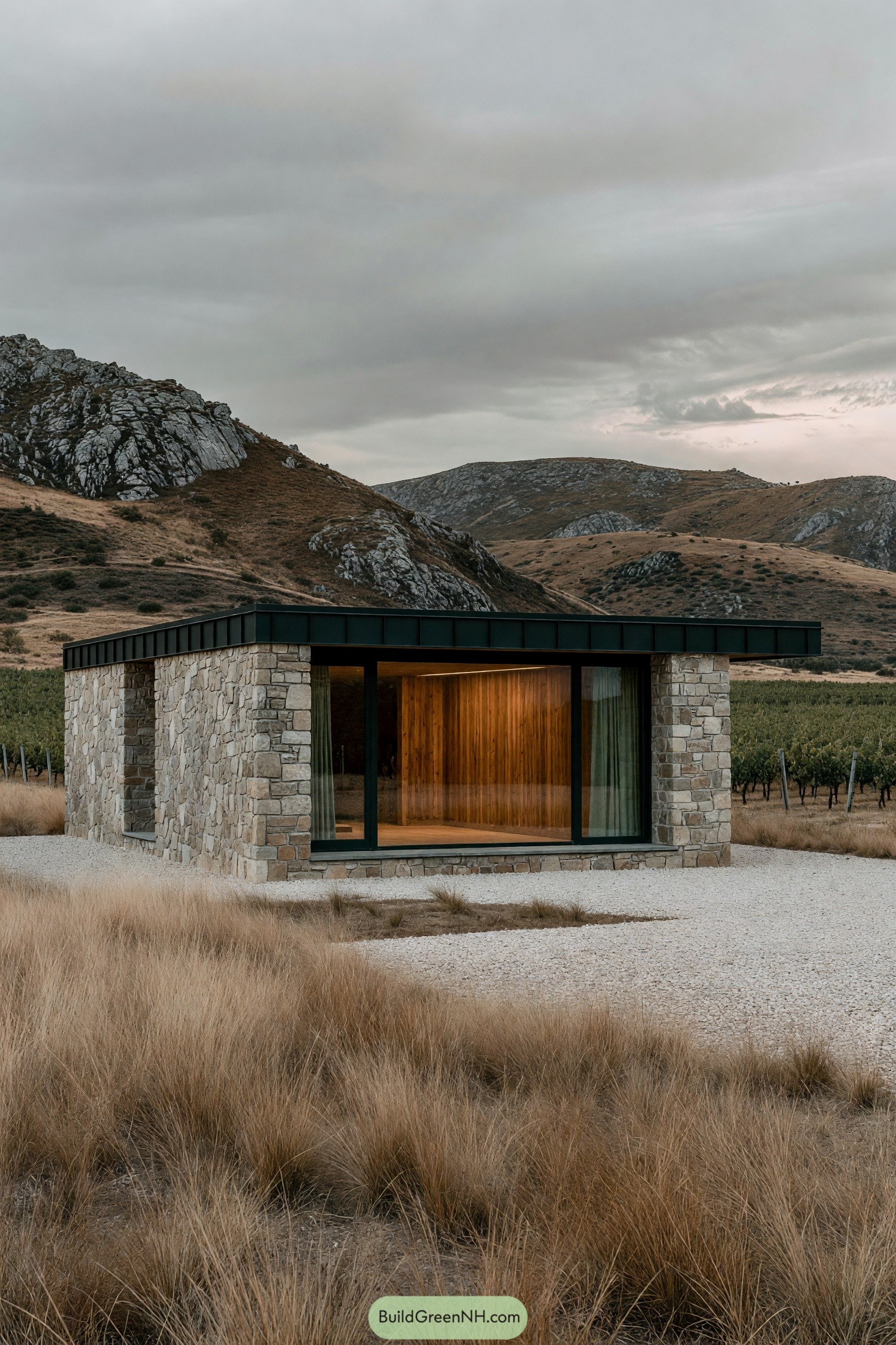 Compact stone cabin with a dark roof and wide glass opening beneath rocky hills