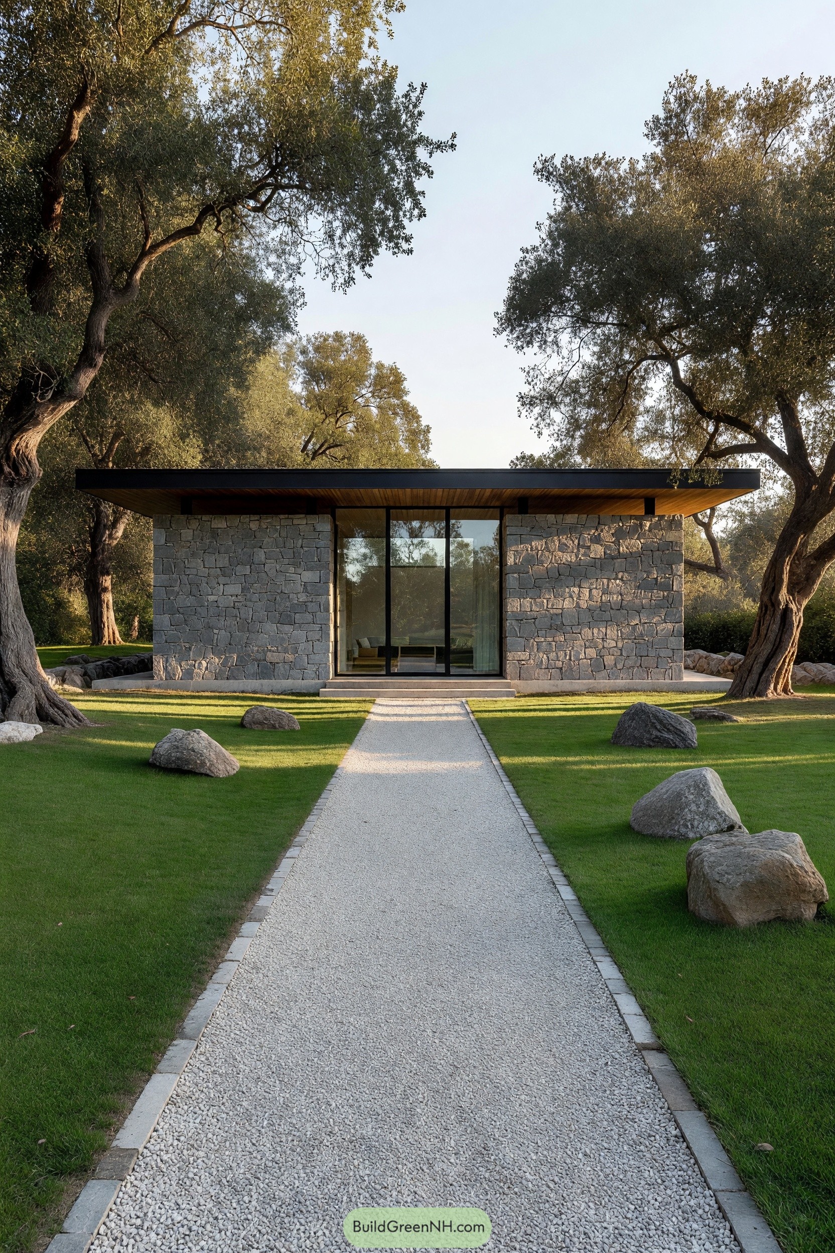 Modern stone cabin beneath mature olive trees