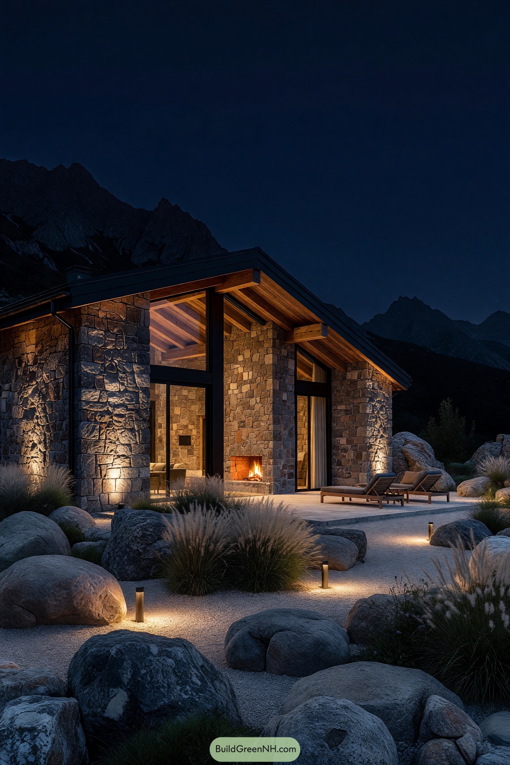 Stone cabin with glowing fireplace beneath mountain peaks at night