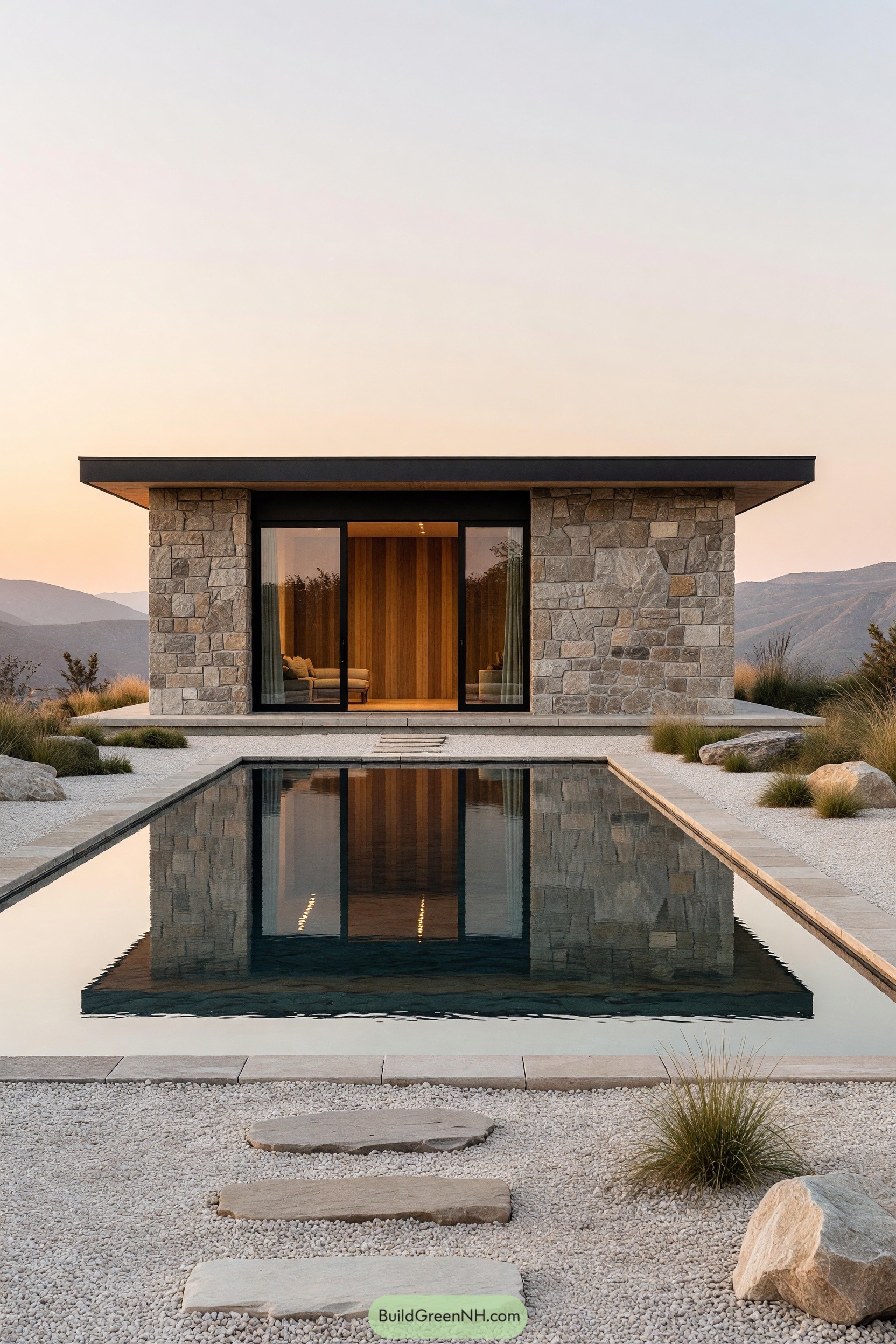 Stone cabin with a reflecting pool and mountain views
