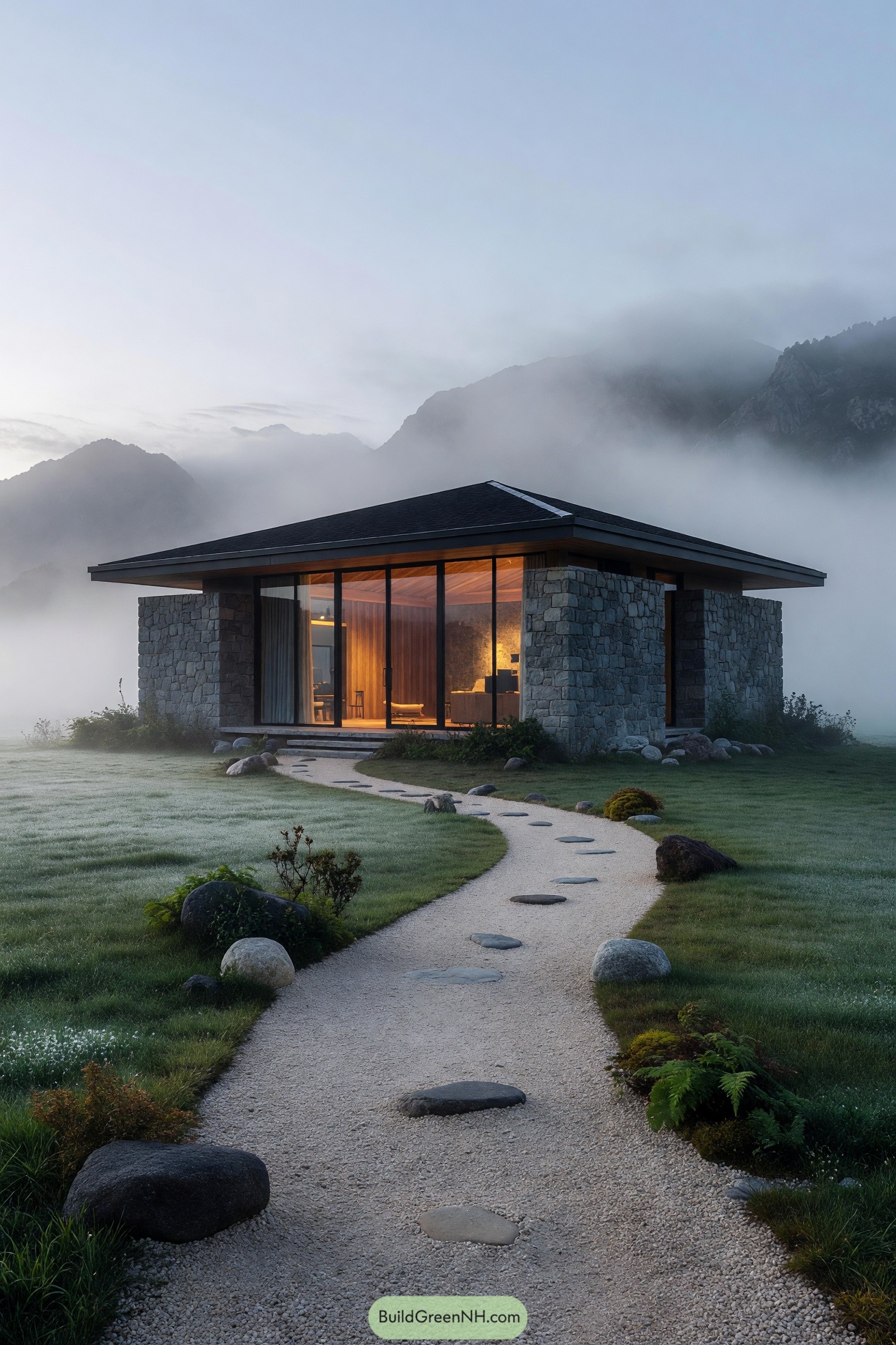 Stone cabin with broad roof and glass walls beneath misty mountains