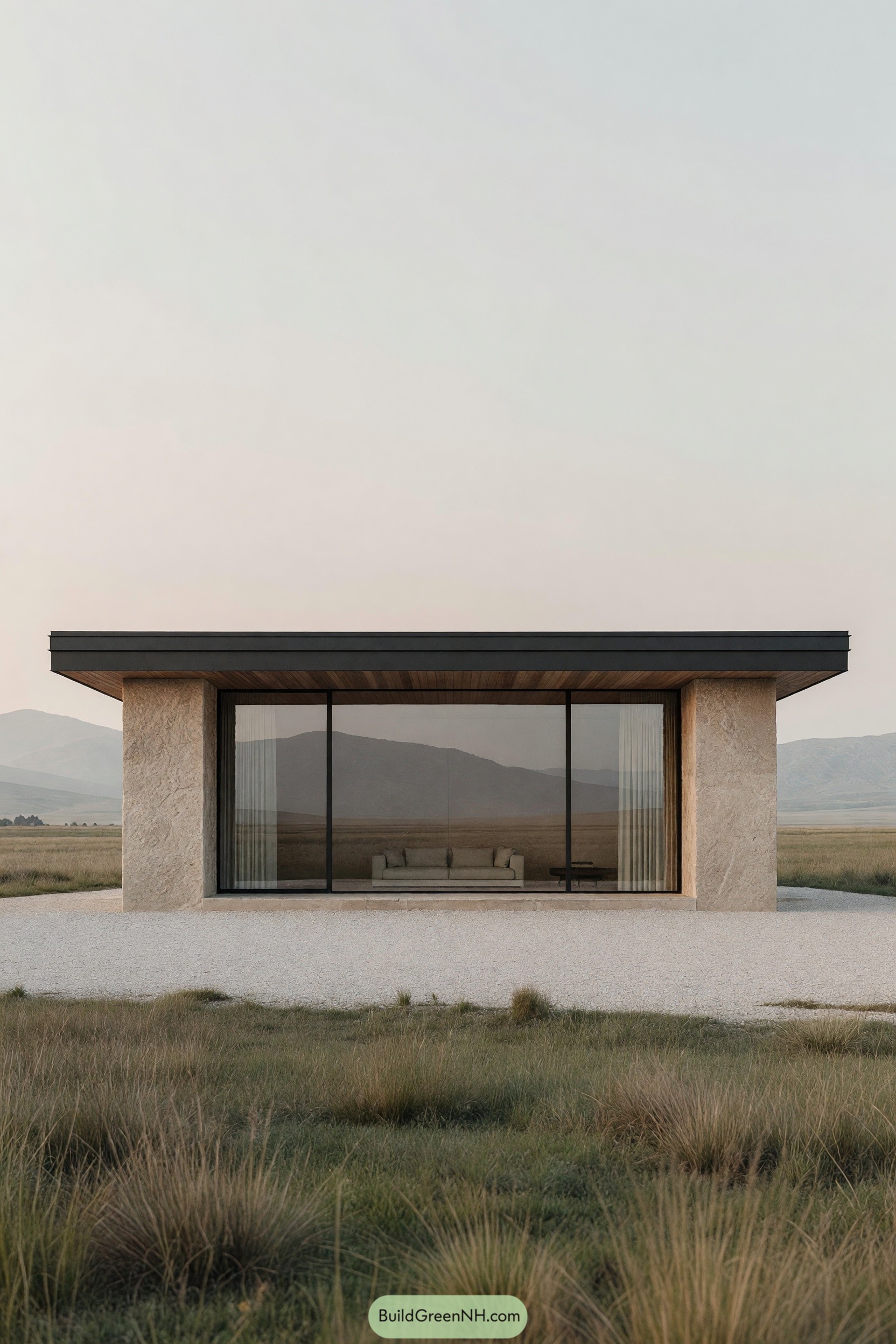 Modern stone cabin with broad roof and panoramic glazing