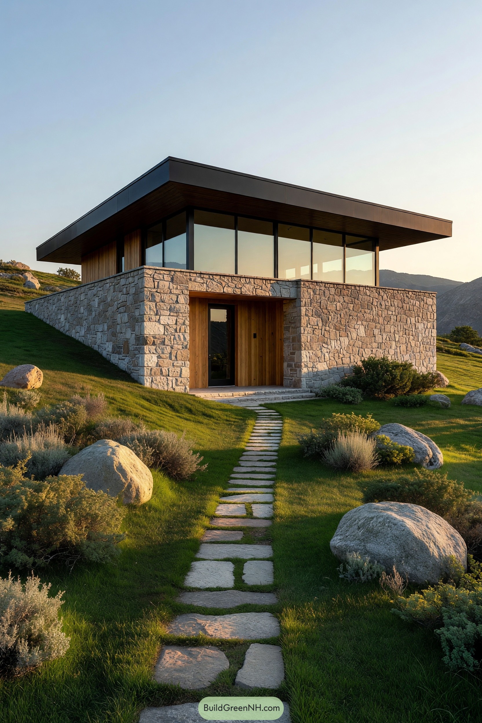 Modern stone cabin with glass walls and a broad flat roof