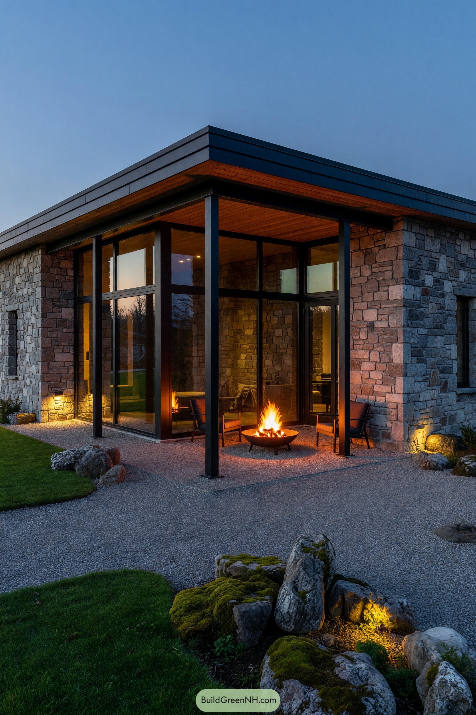 Modern stone cabin with glass walls and a covered fire pit patio