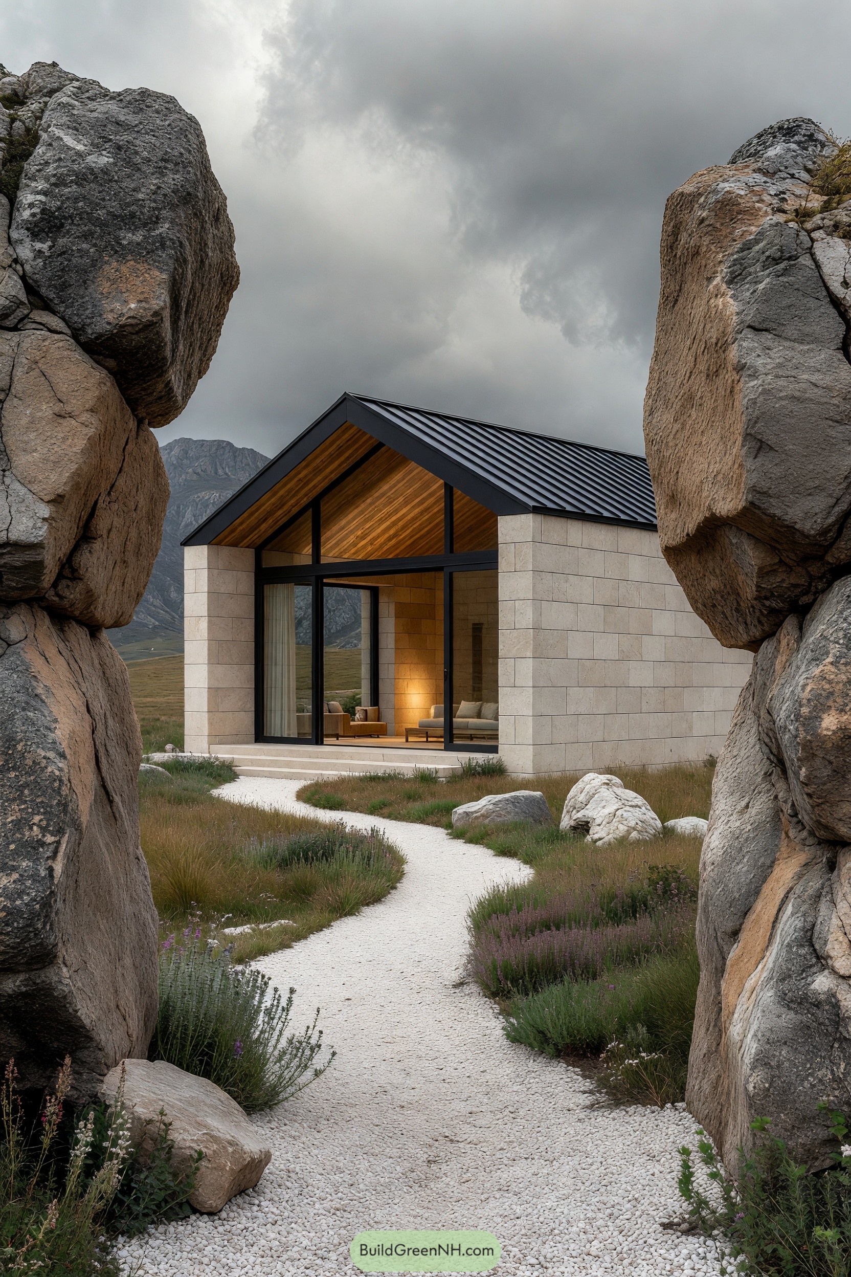 Modern stone cabin nestled between towering boulders