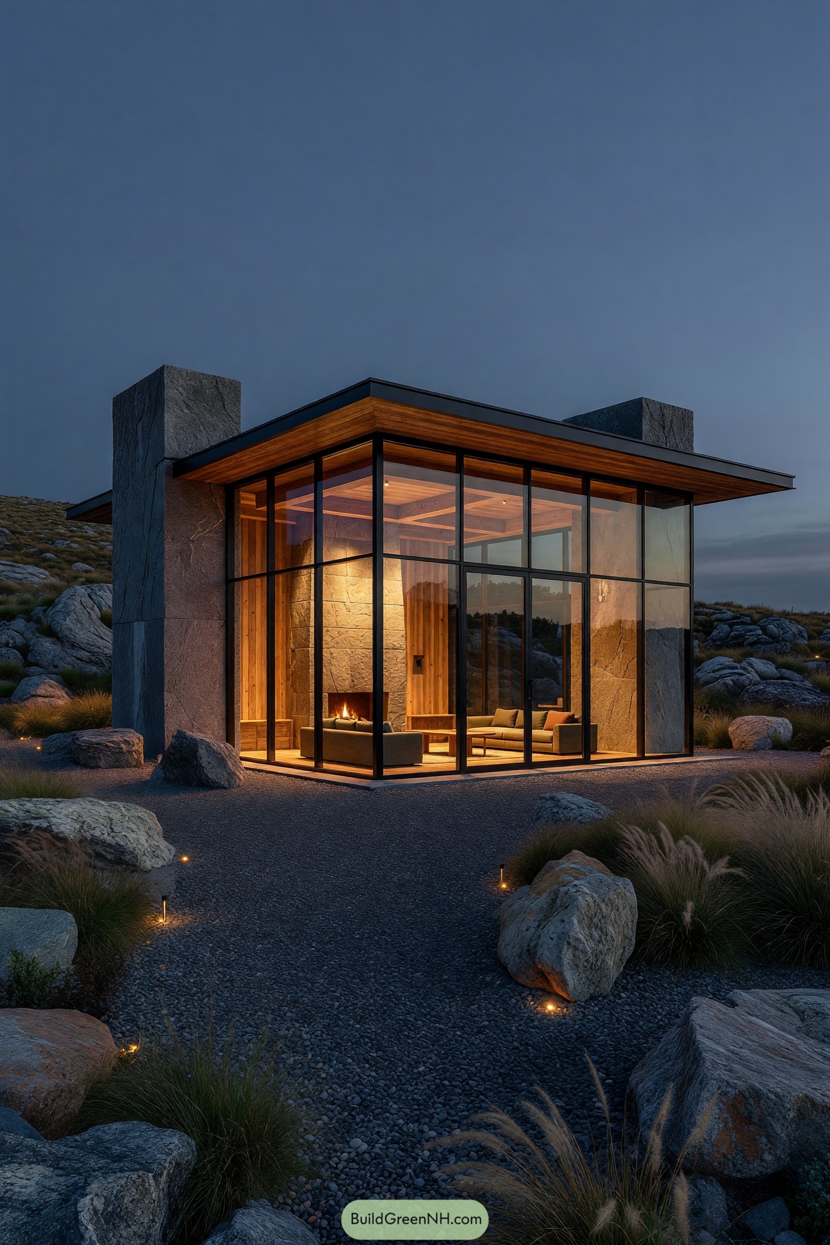 Glass-walled stone cabin glowing at dusk among boulders