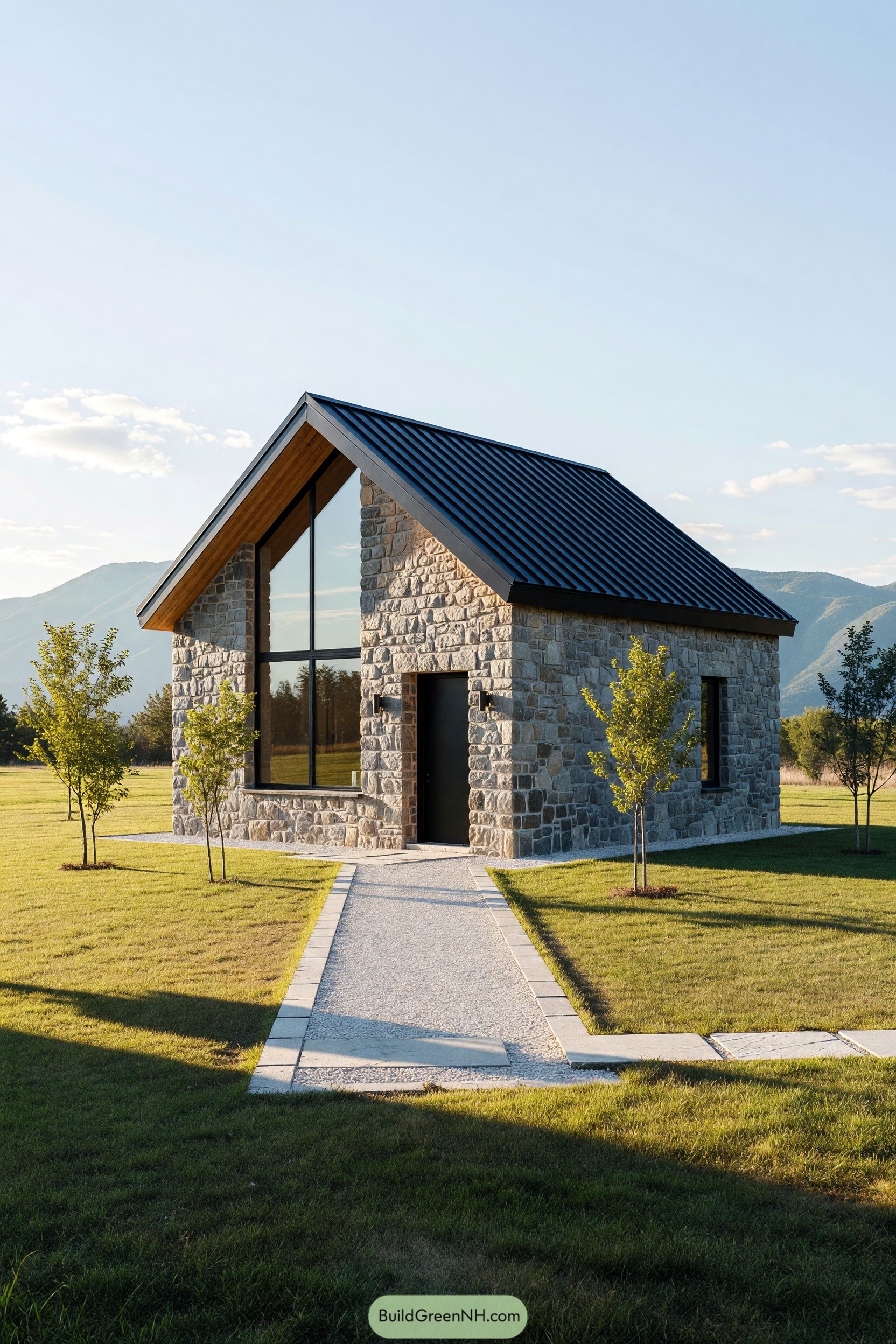 Modern stone cabin with a dark metal gable roof and tall window