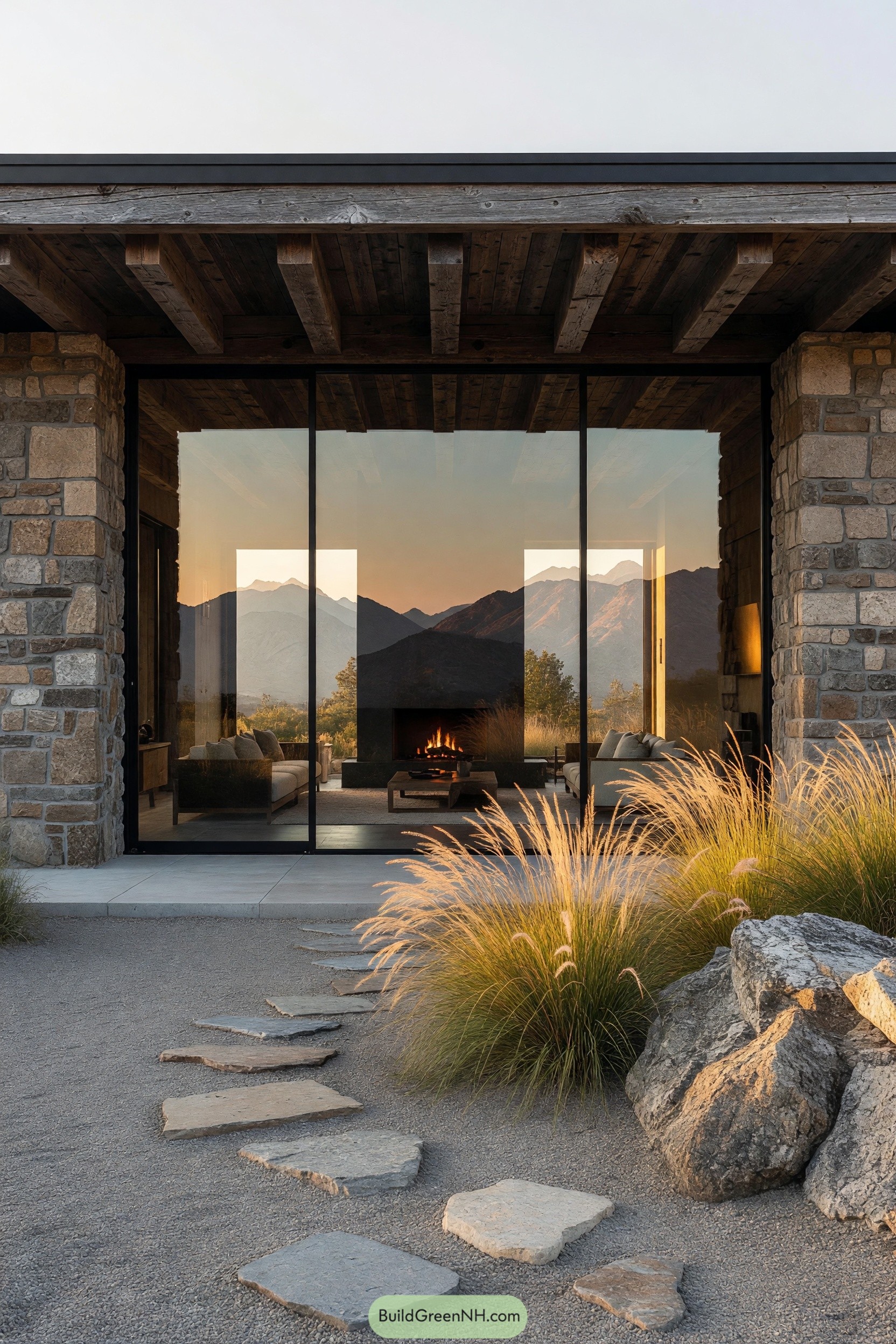 Stone cabin with timber eaves and mountain-facing glass walls