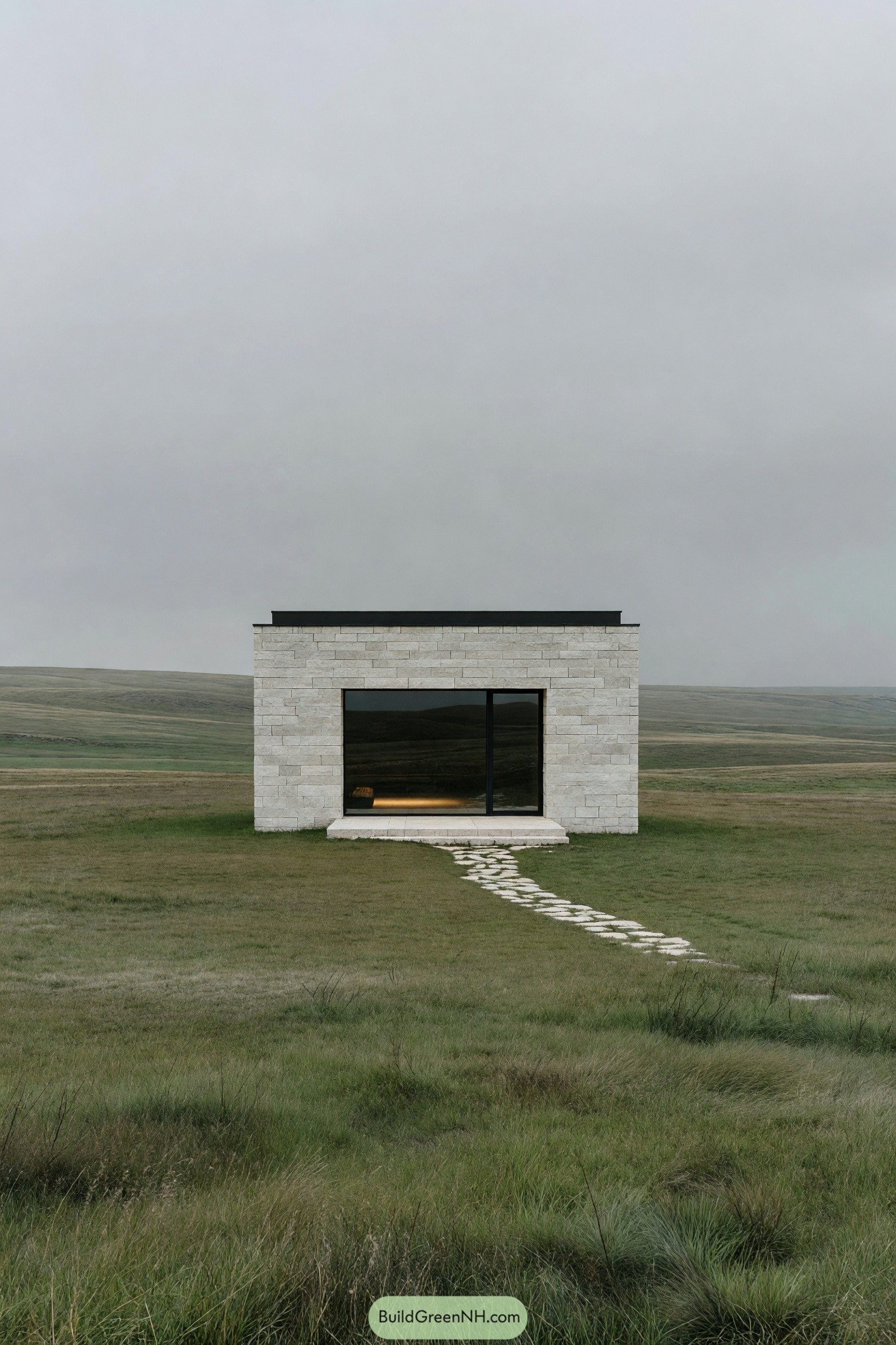 Compact stone cabin with black framed glass doors in open grassland