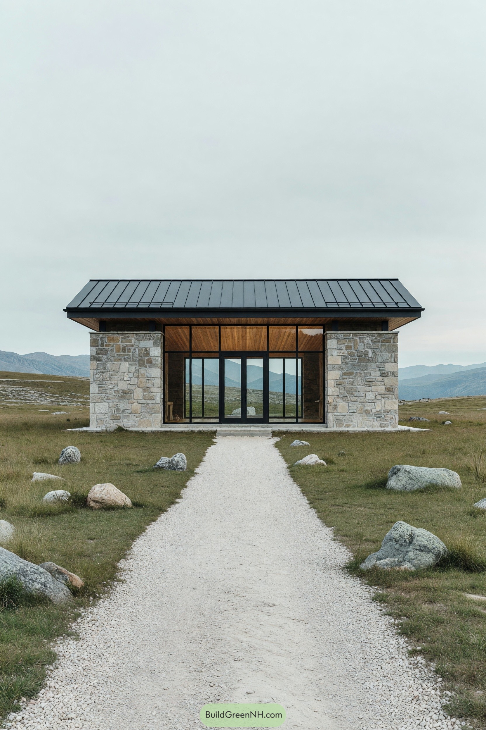 Modern stone cabin with wood ceiling and glazed entry in a mountain meadow