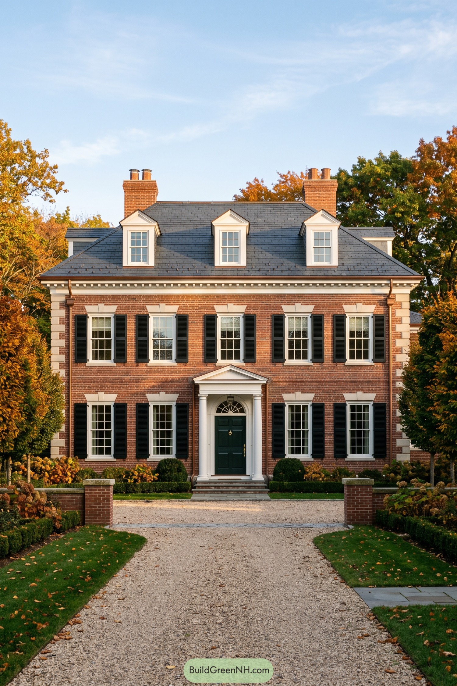 Red brick Georgian home with black shutters and a white portico