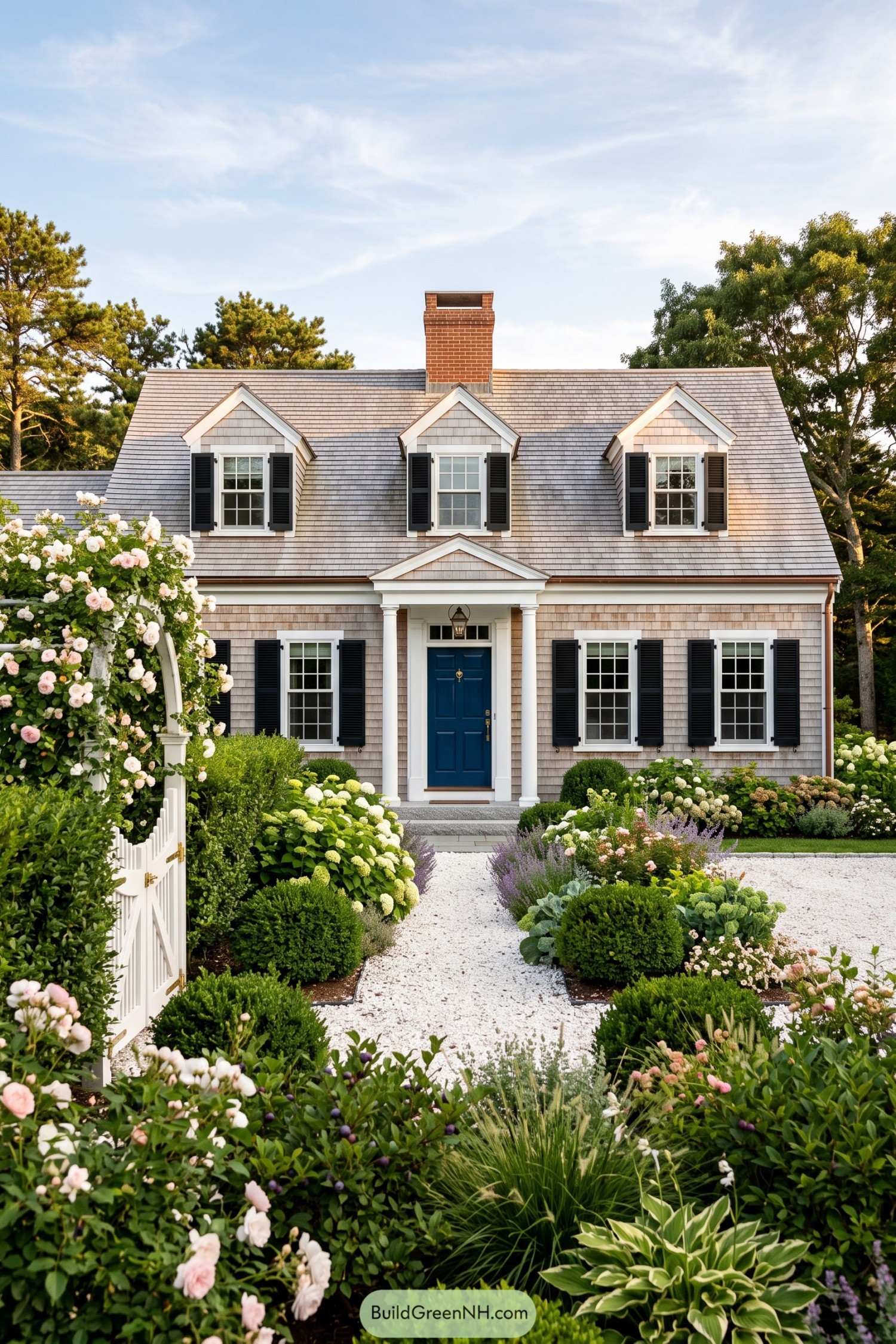 Gray shingle Cape Cod home with black shutters and formal garden