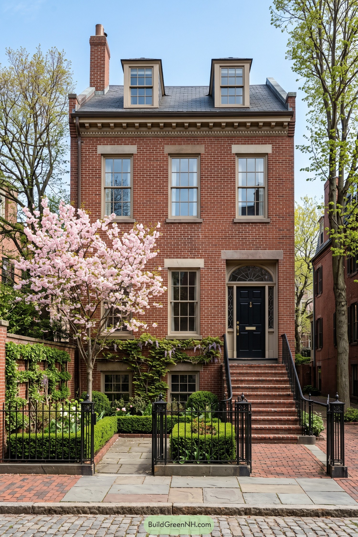 Red brick townhouse with slate roof dormers and black fanlight door