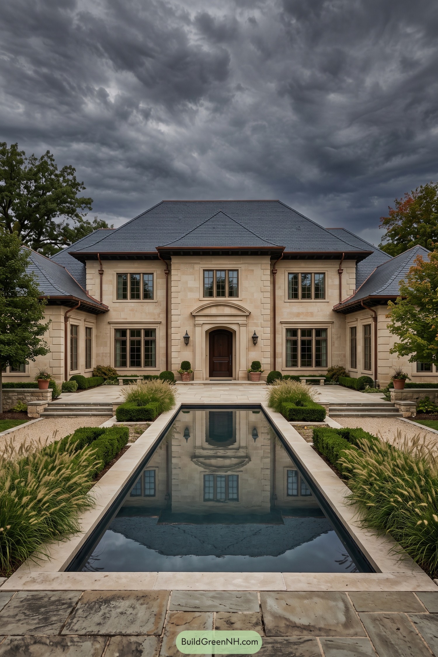 Formal limestone estate with slate roof and a long reflecting pool