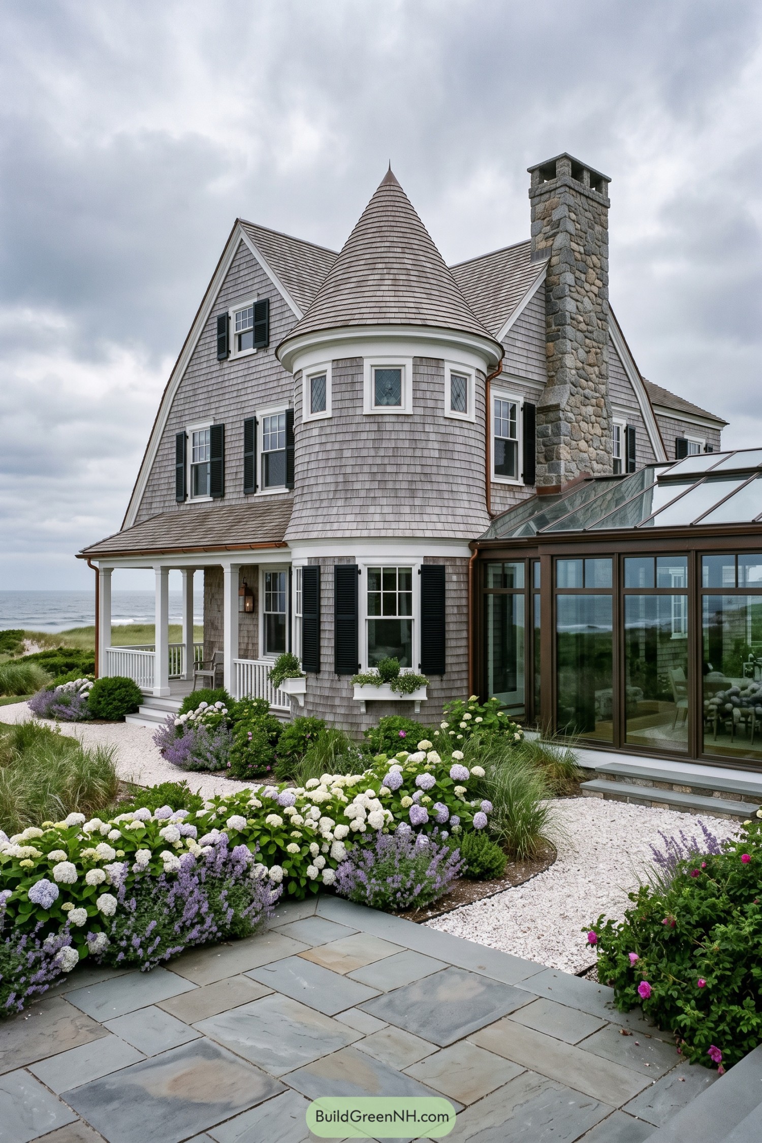 Coastal shingle home with turret and stone chimney
