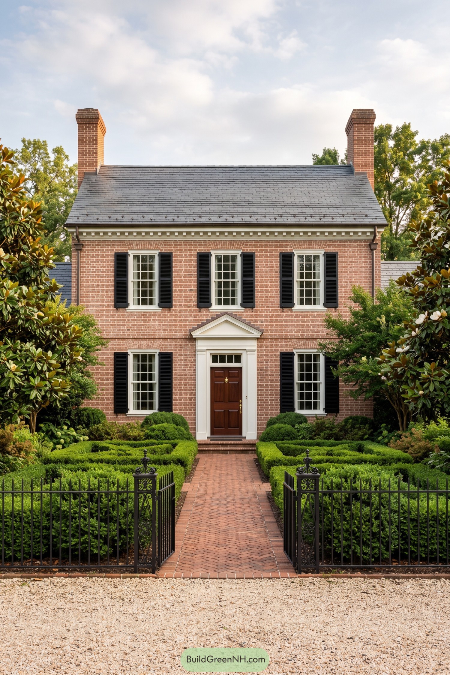 Red brick traditional home with black shutters and formal hedges