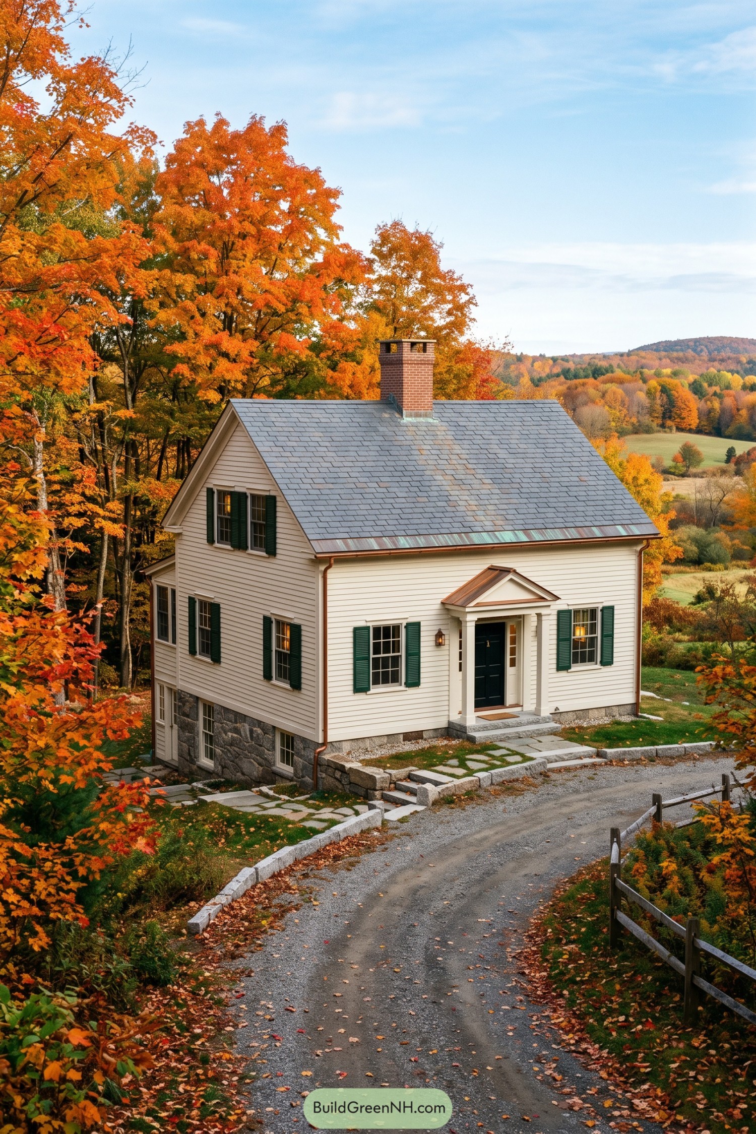 White clapboard farmhouse with green shutters beneath autumn maples