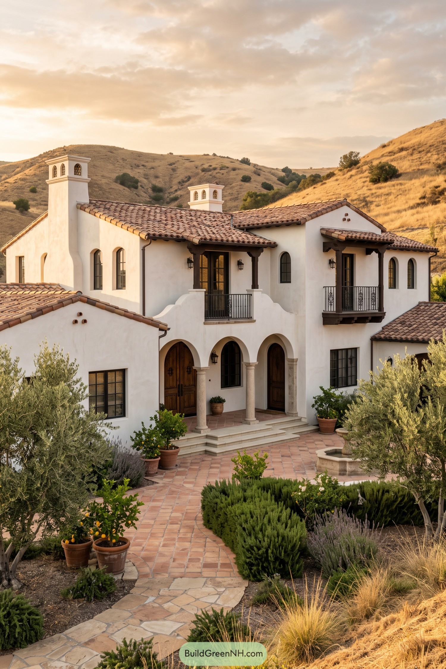 White stucco Spanish Revival home with terracotta roof and arched entry