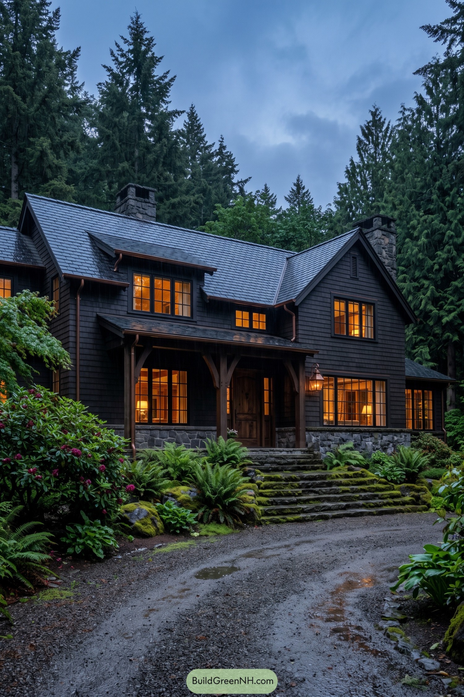 Dark shingled Craftsman home nestled among evergreens